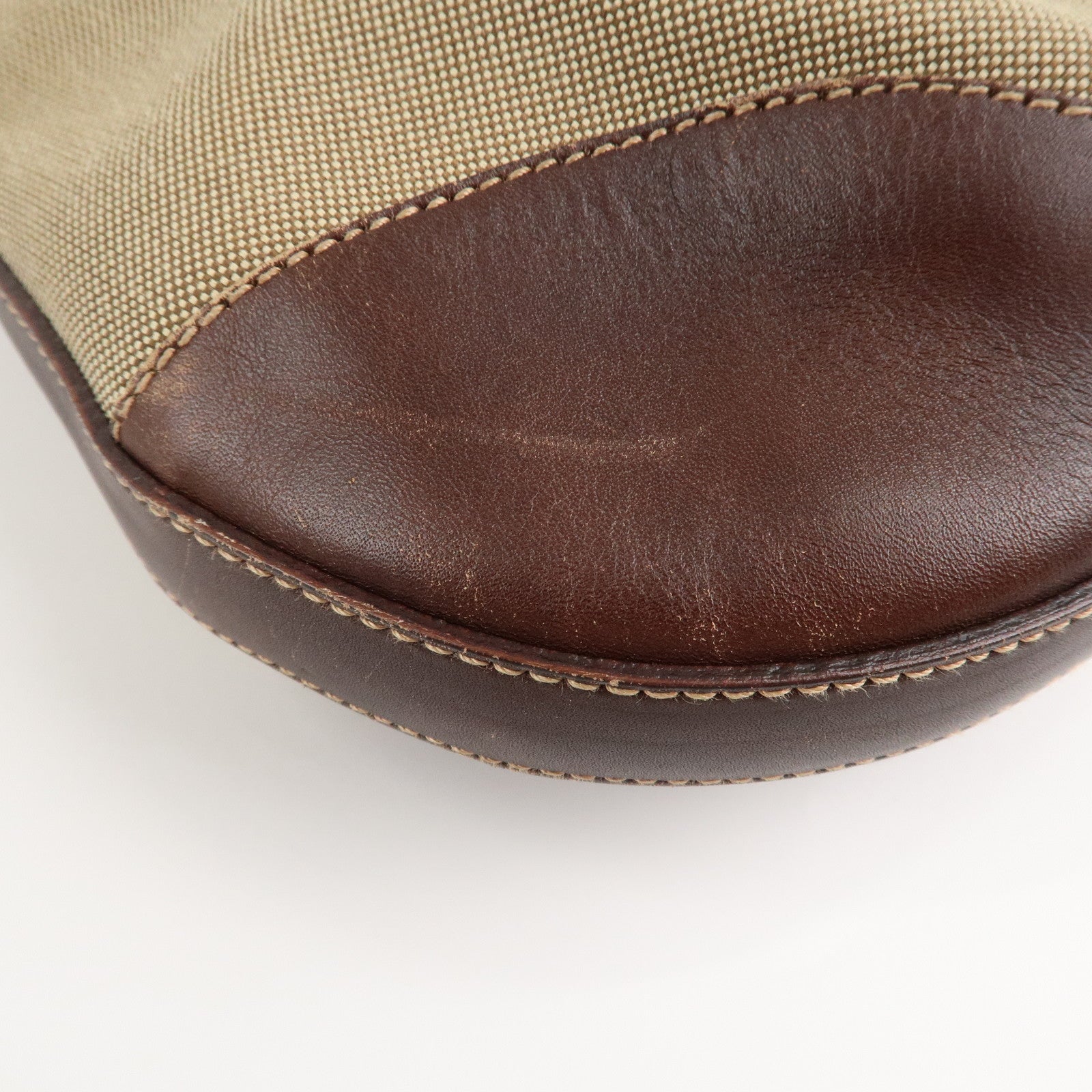 PRADA Logo Jacquard Leather Shoulder Bag Beige Brown Used