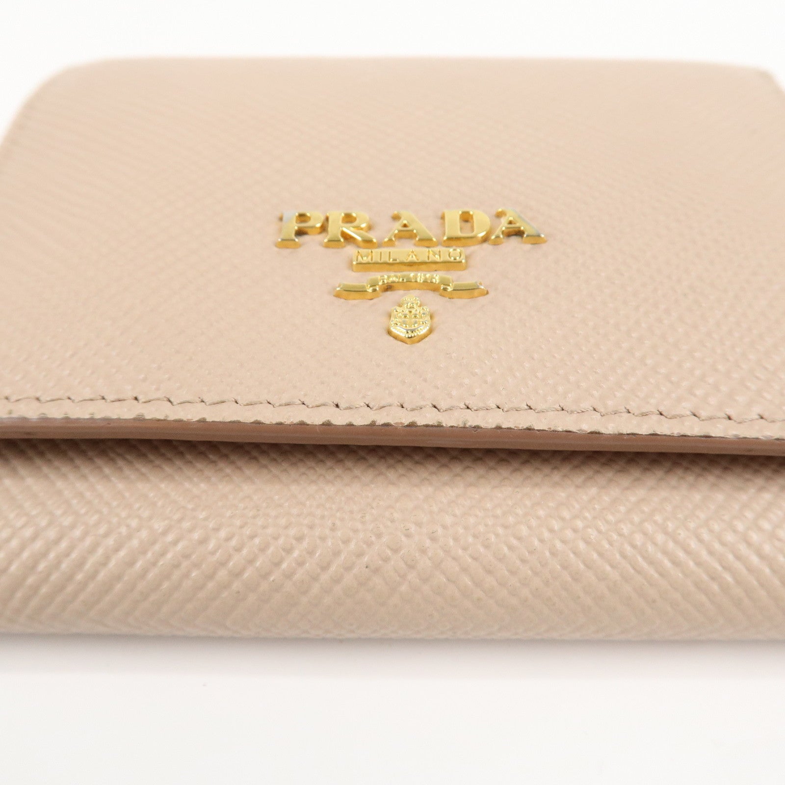 PRADA Saffiano Leather Trifold Compact Wallet Beige 1MH176 Used