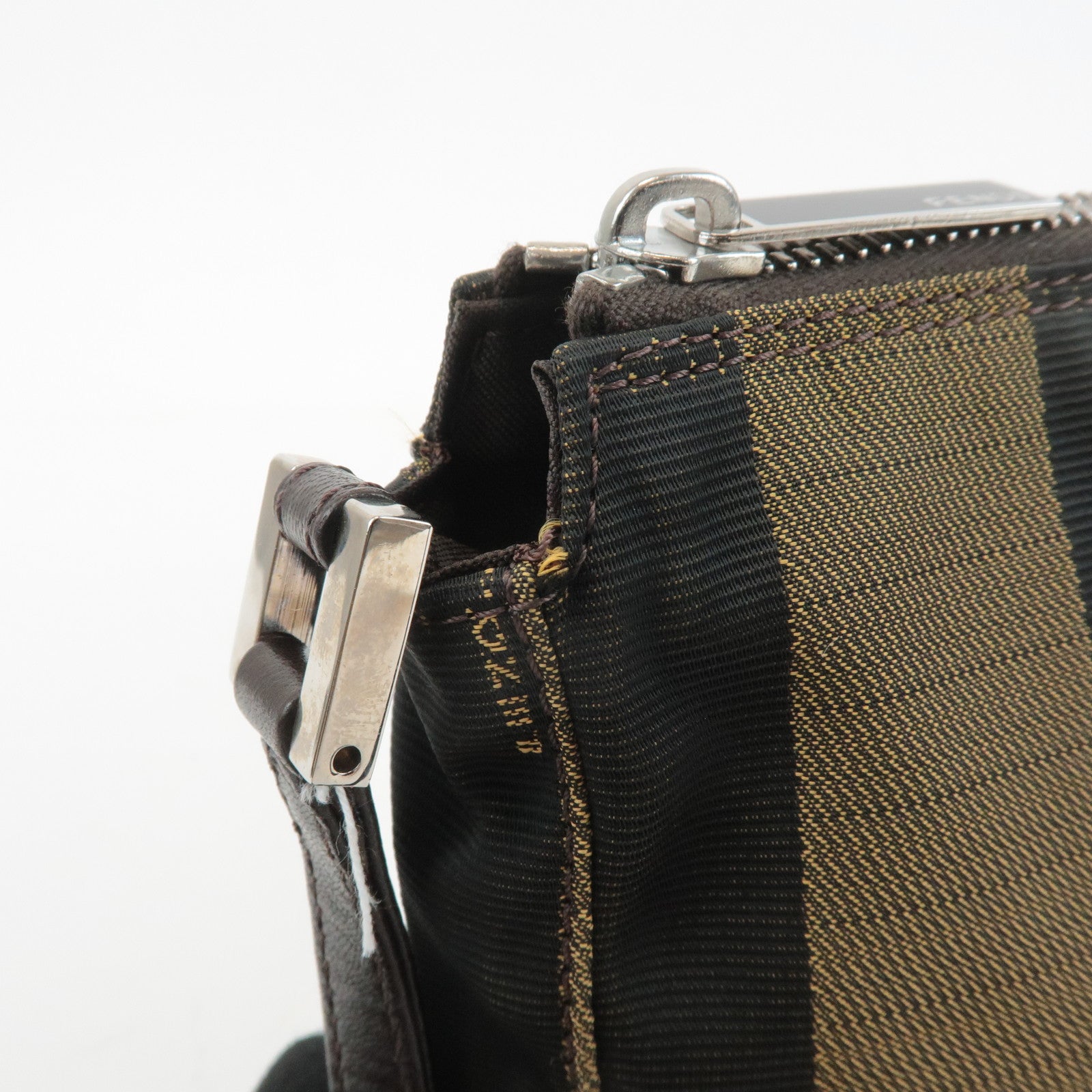 FENDI Pequin Canvas Leather Shoulder Bag Khaki Black 26617 Used