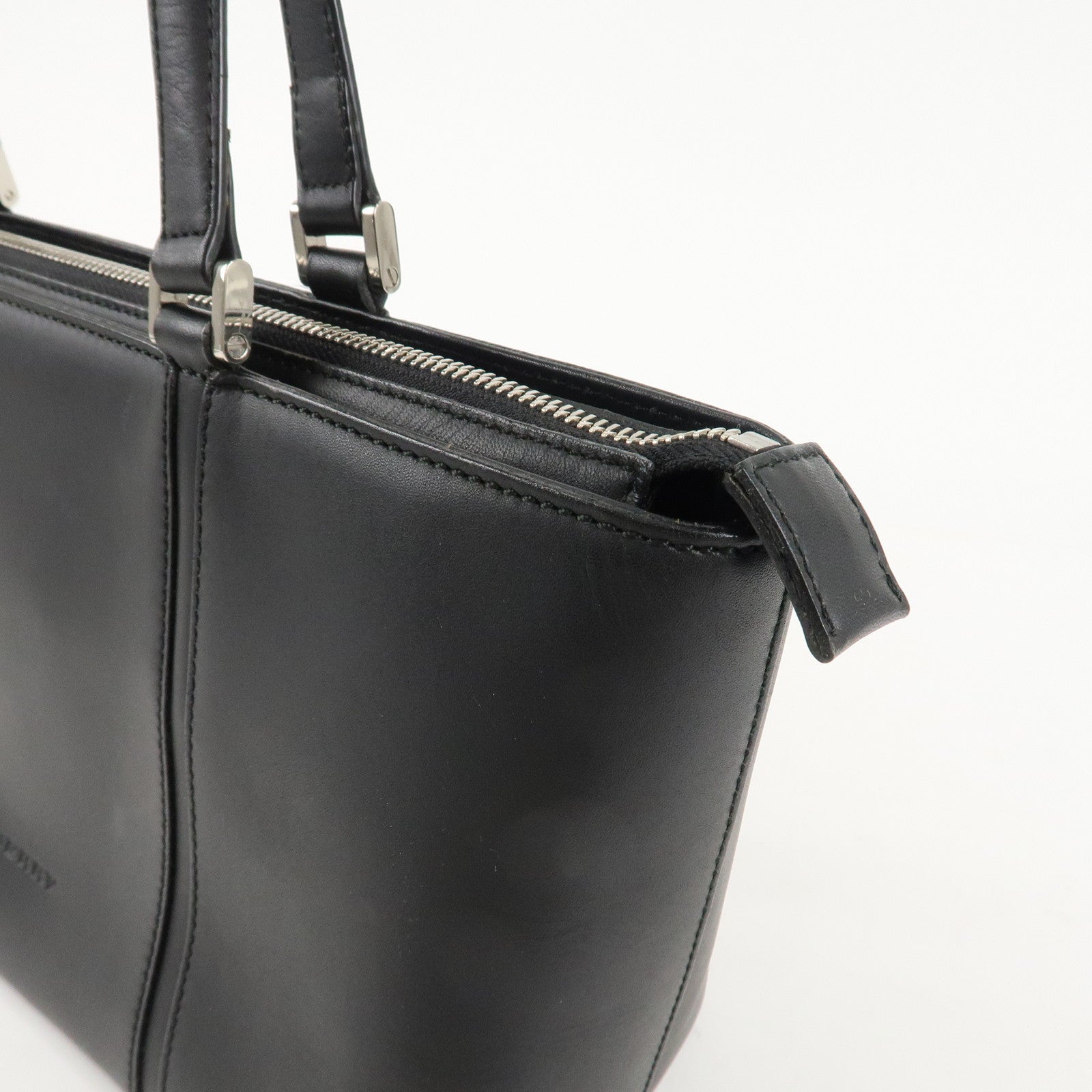 BURBERRY Leather Tote Bag Hand Bag Black Silver Hardware Used