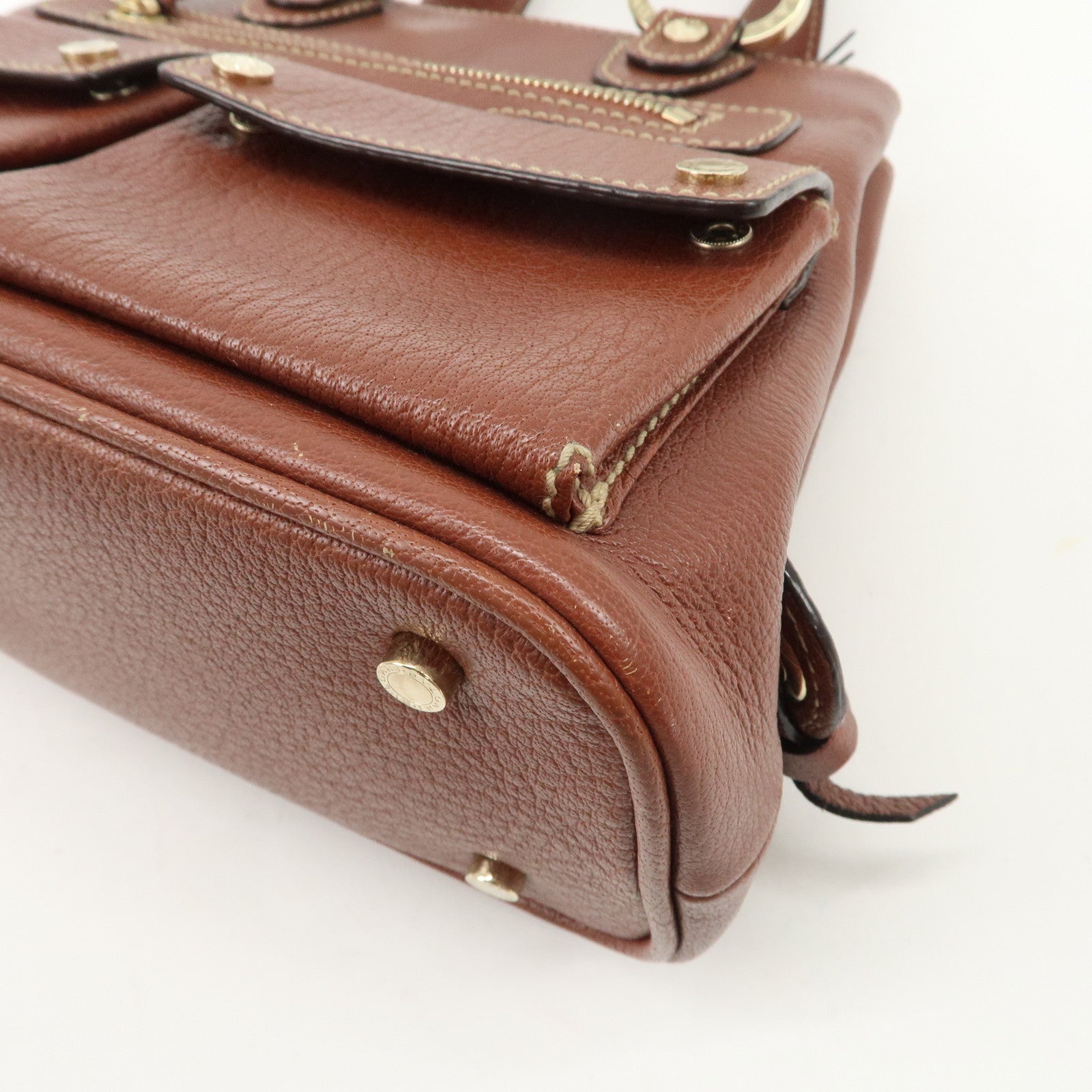 BVLGARI Leather Front Pocket Hand Bag Tote Bag Brown Used