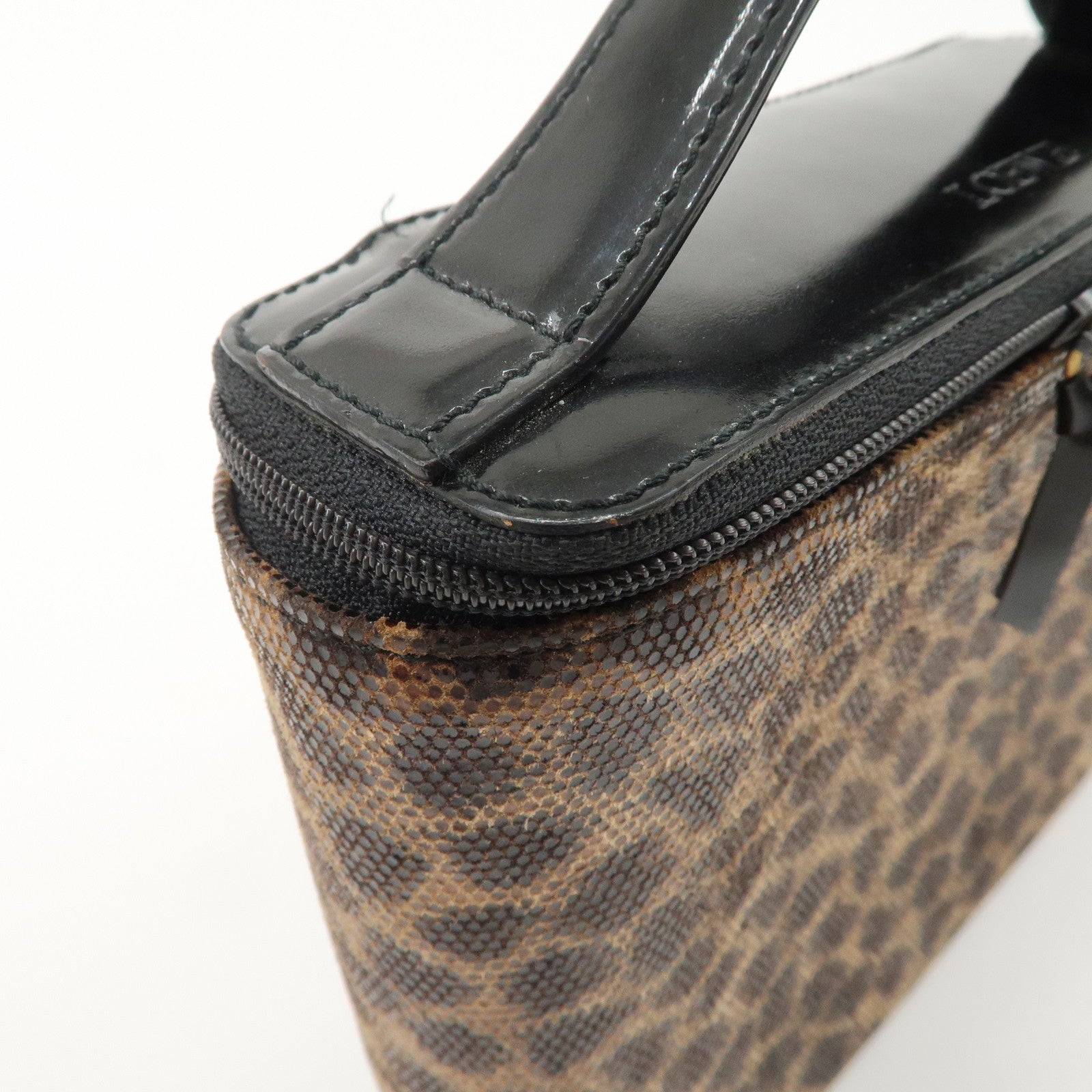 LOEWE Nylon Canvas Patent Leather Leopard Vanity Bag Black Beige Used