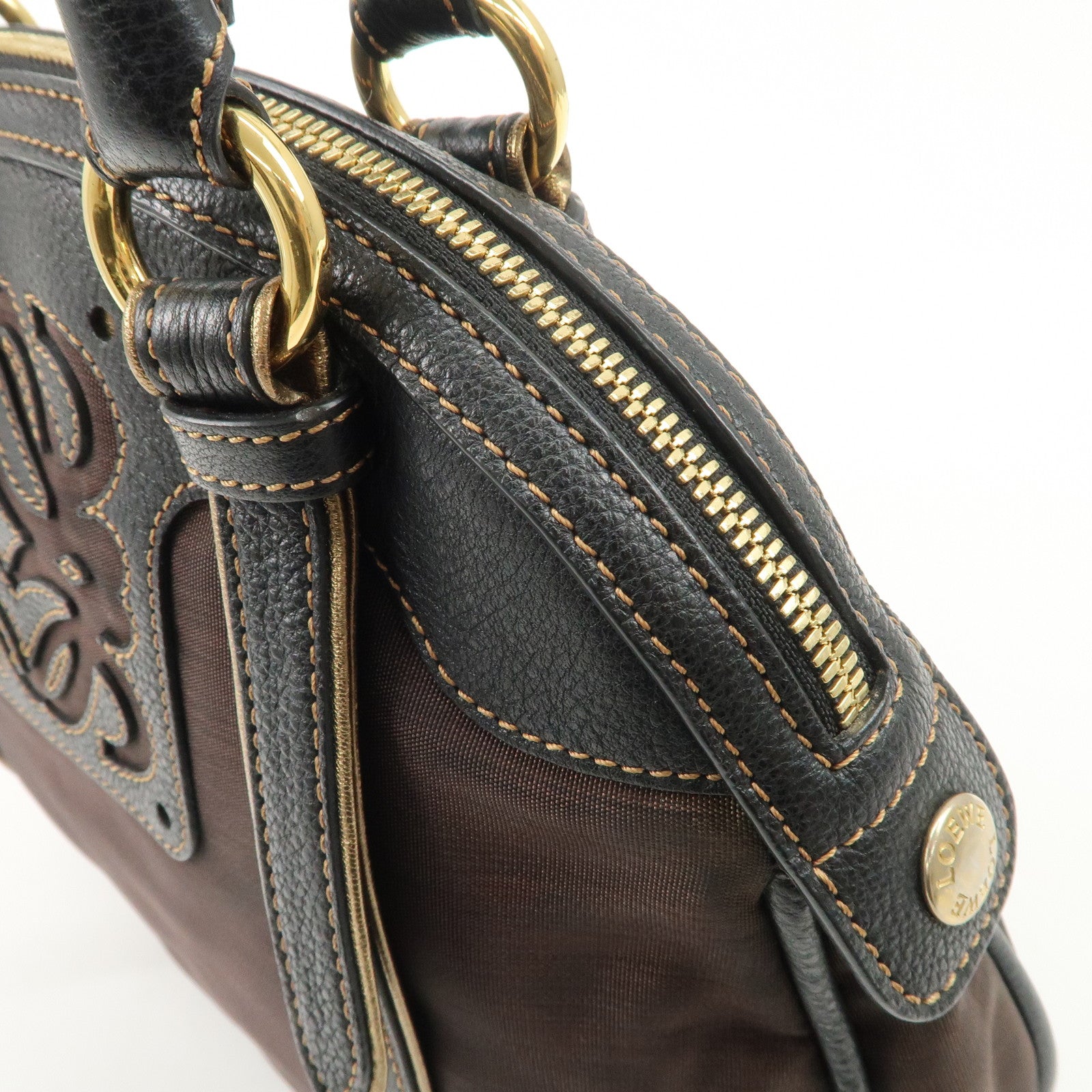LOEWE Anagram Canvas Leather Hand Bag 340807 Brown Black Used