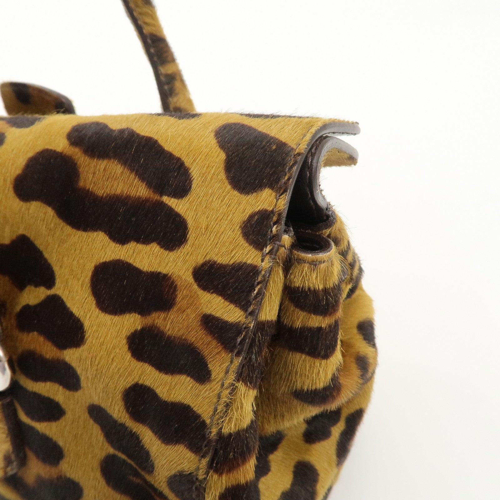 PRADA Logo Unborn Calf Leopard Shoulder Bag Hand Bag Brown Used