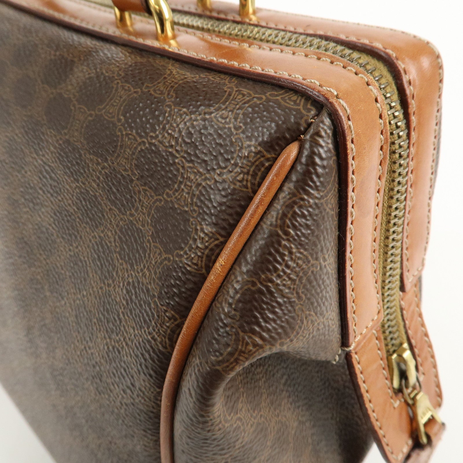 CELINE Macadam PVC Leather Boston Bag Hand Bag Brown Used