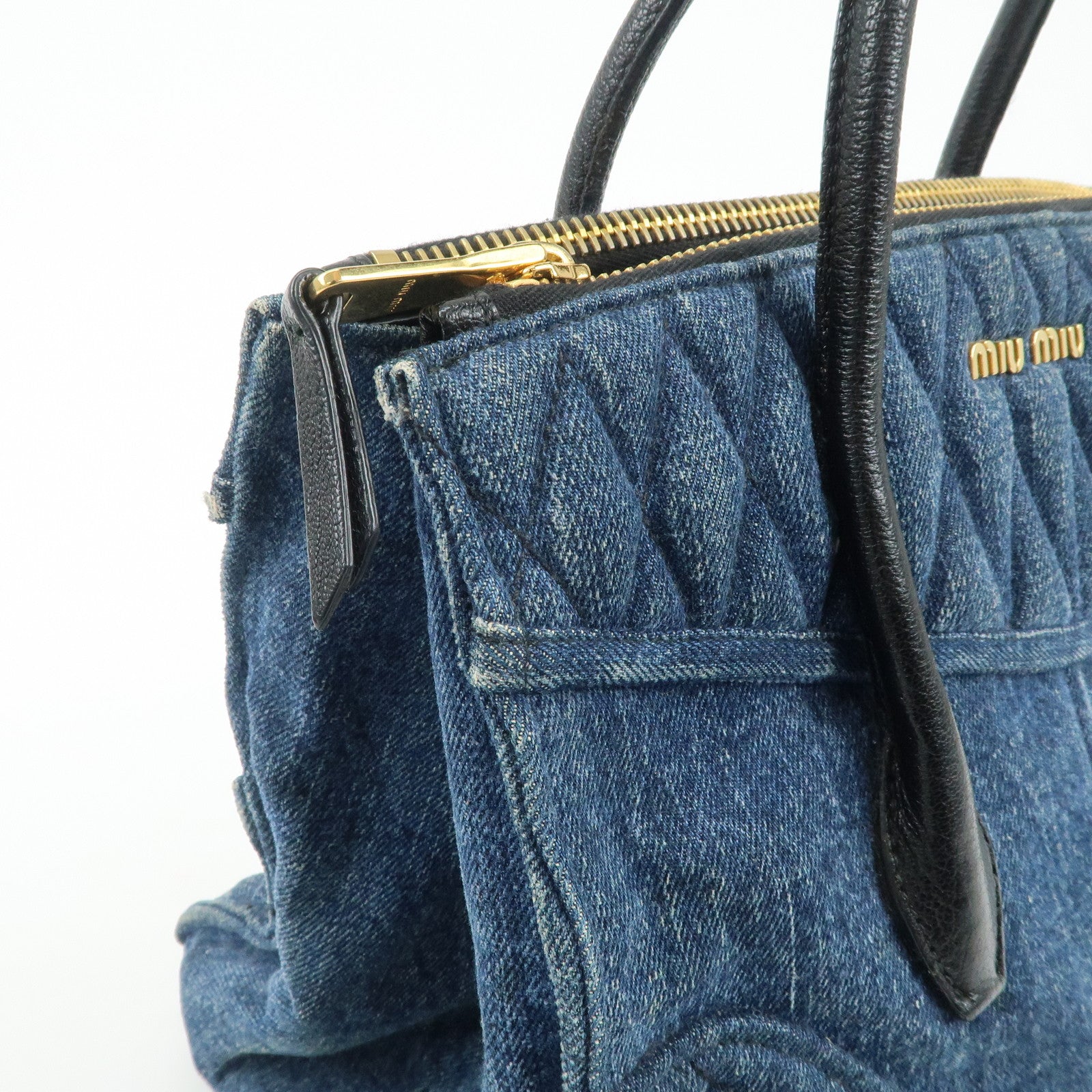 MIU MIU Denim Leather Biker 2Way Tote Bag Blue Black RN1031 Used