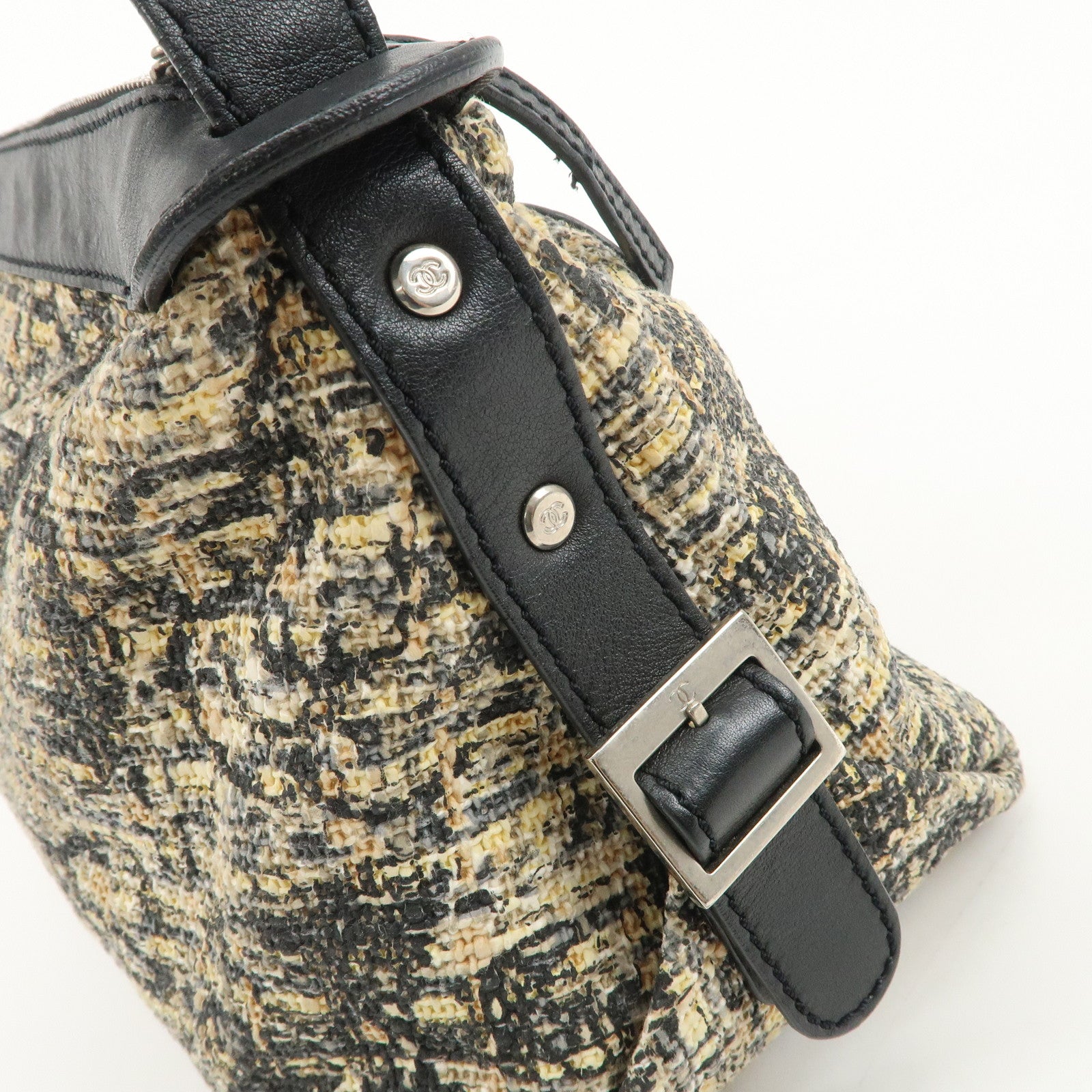 CHANEL Tweed Leather Shoulder Bag Hand Bag Black Beige Used