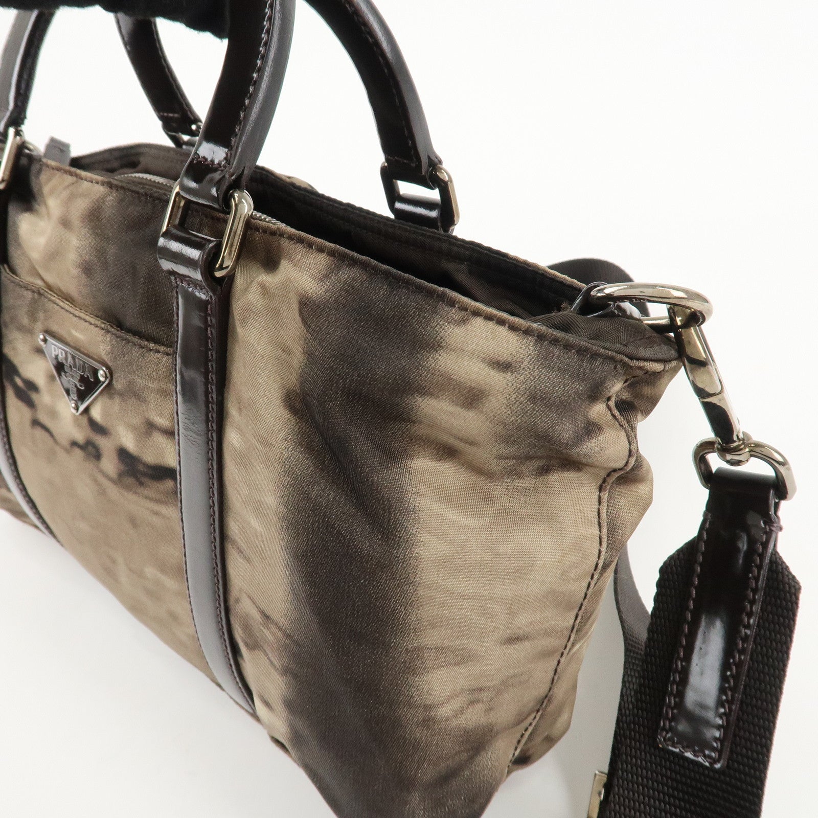 PRADA Nylon Patent Leather 2Way Bag Beige Black Dark Brown Used