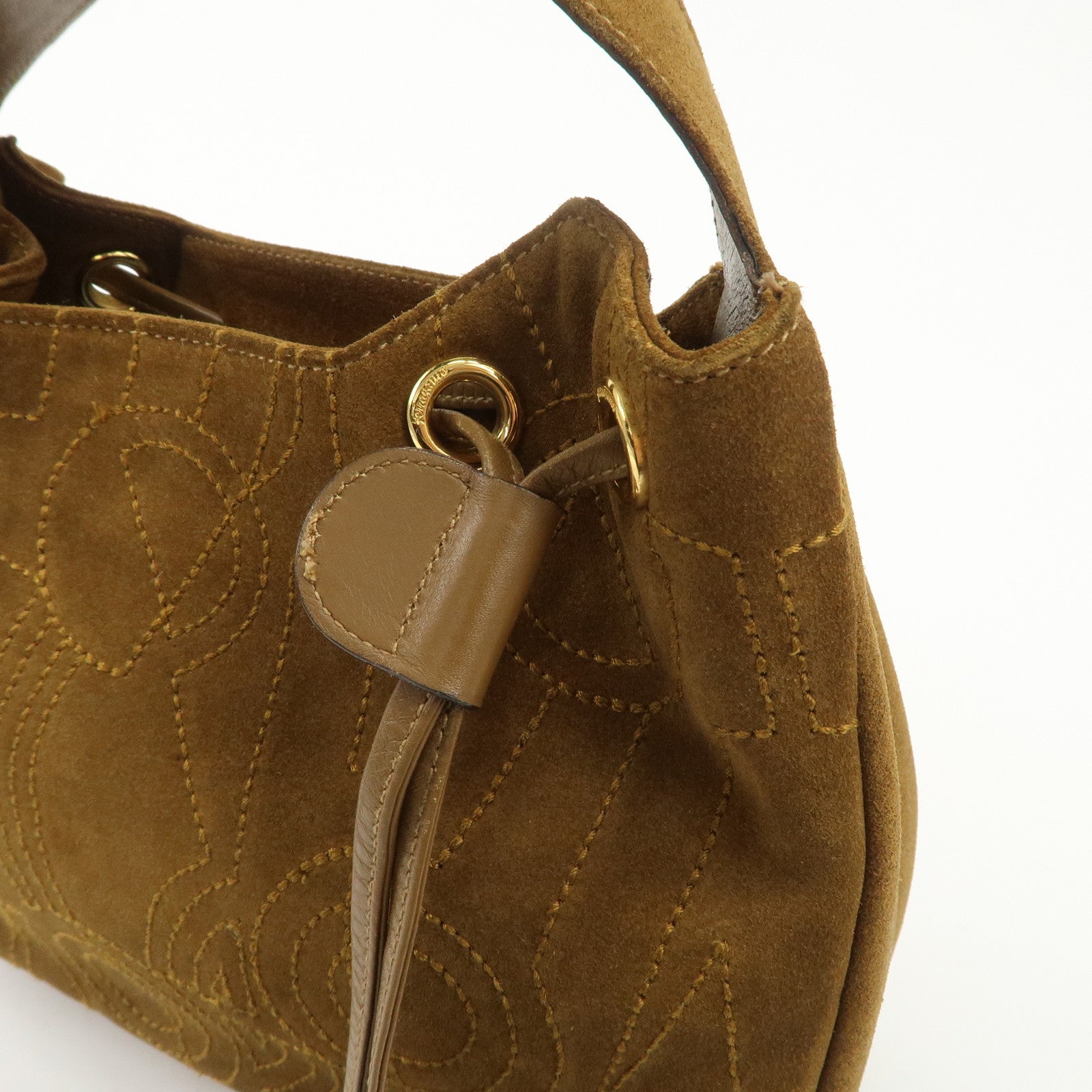 Salvatore Ferragamo Suede Hand Bag Stitch Brown BZ-21 5699 Used