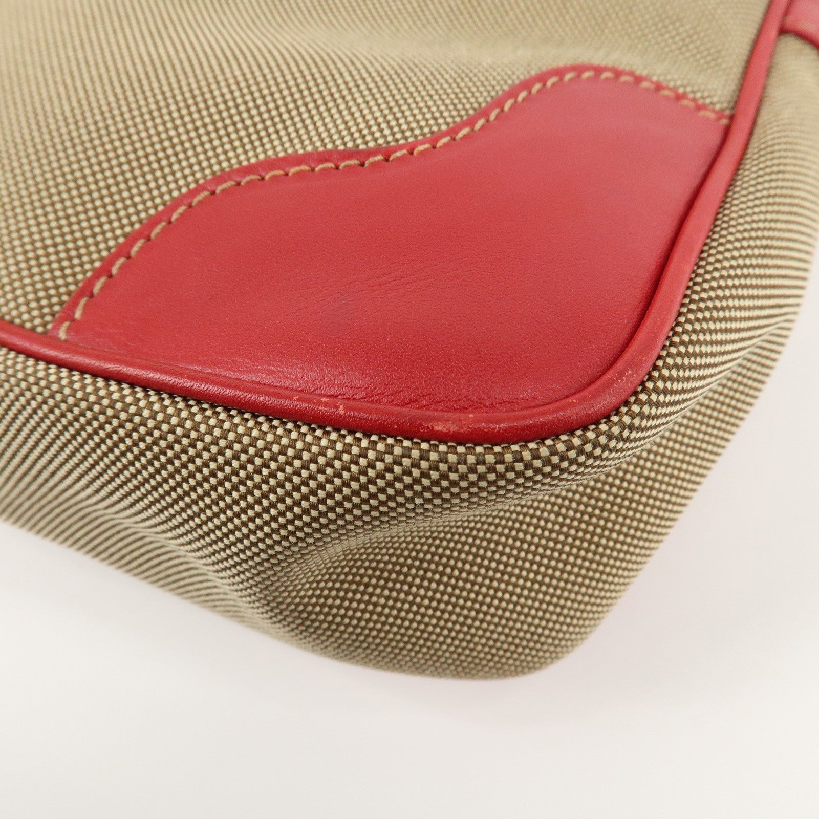 PRADA Logo Jacquard Leather Shoulder Bag Beige Red Used
