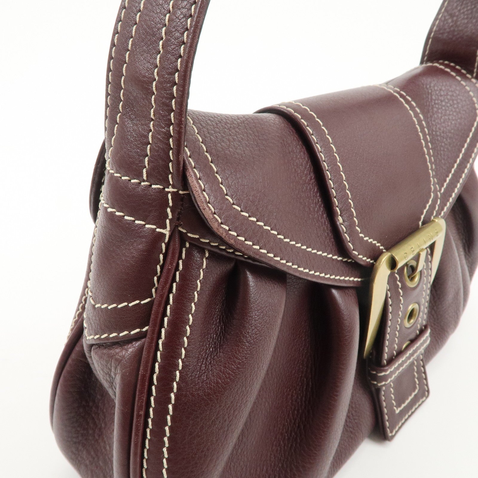 CELINE Leather Shoulder Bag Hand Bag Brown Gold Hardware Used