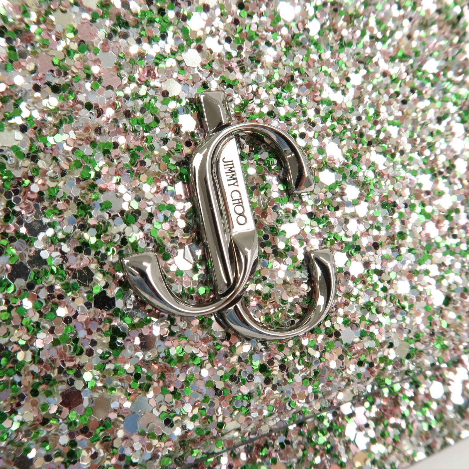JIMMY CHOO Glitter Leather Shoulder Wallet Bag Green Silver Used