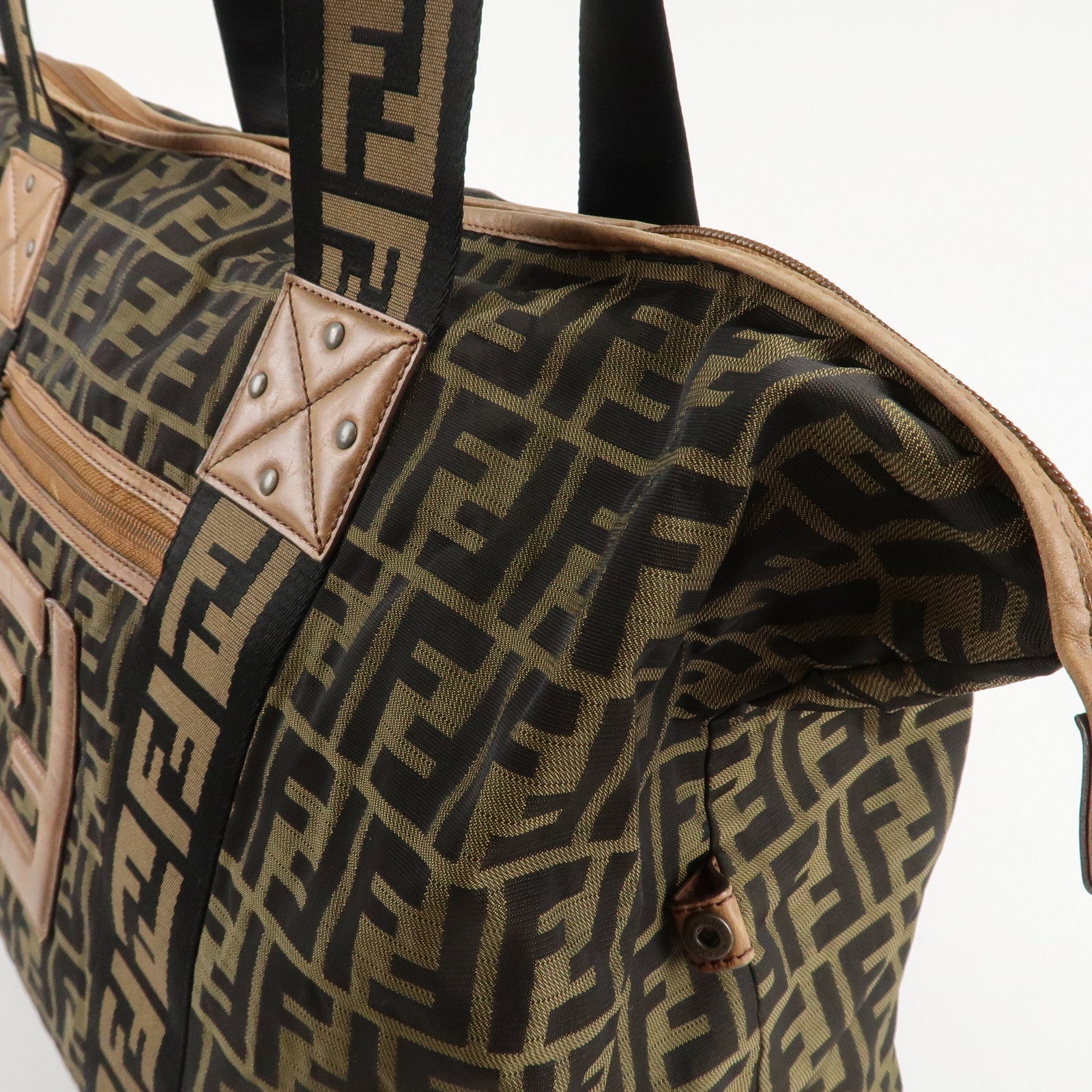FENDI Zucca Nylon Leather Boston Bag Brown Black 7VS071 Used