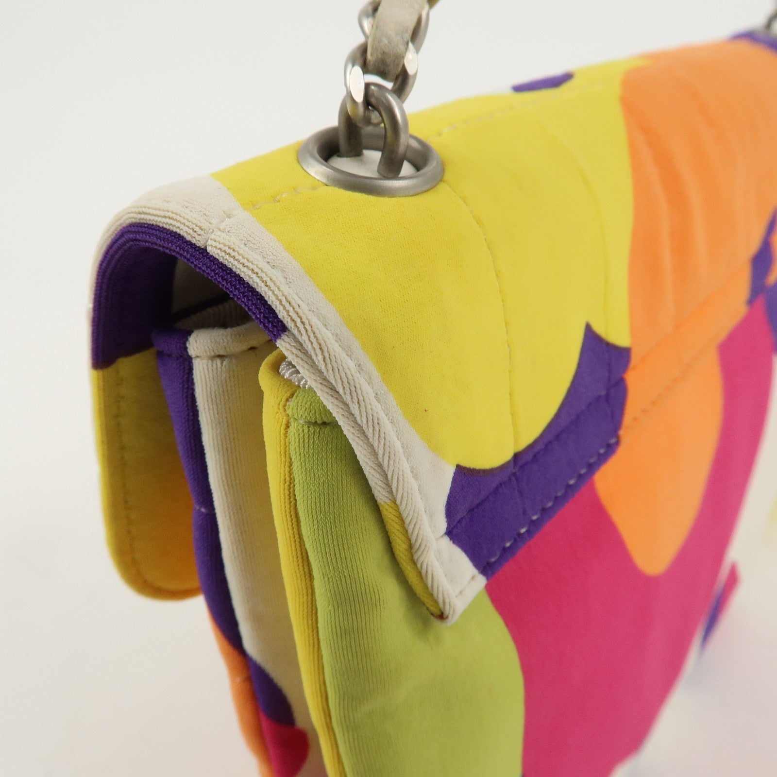 CHANEL Chocolate Bar Canvas Piano Chain Shoulder Bag Multi Color Used