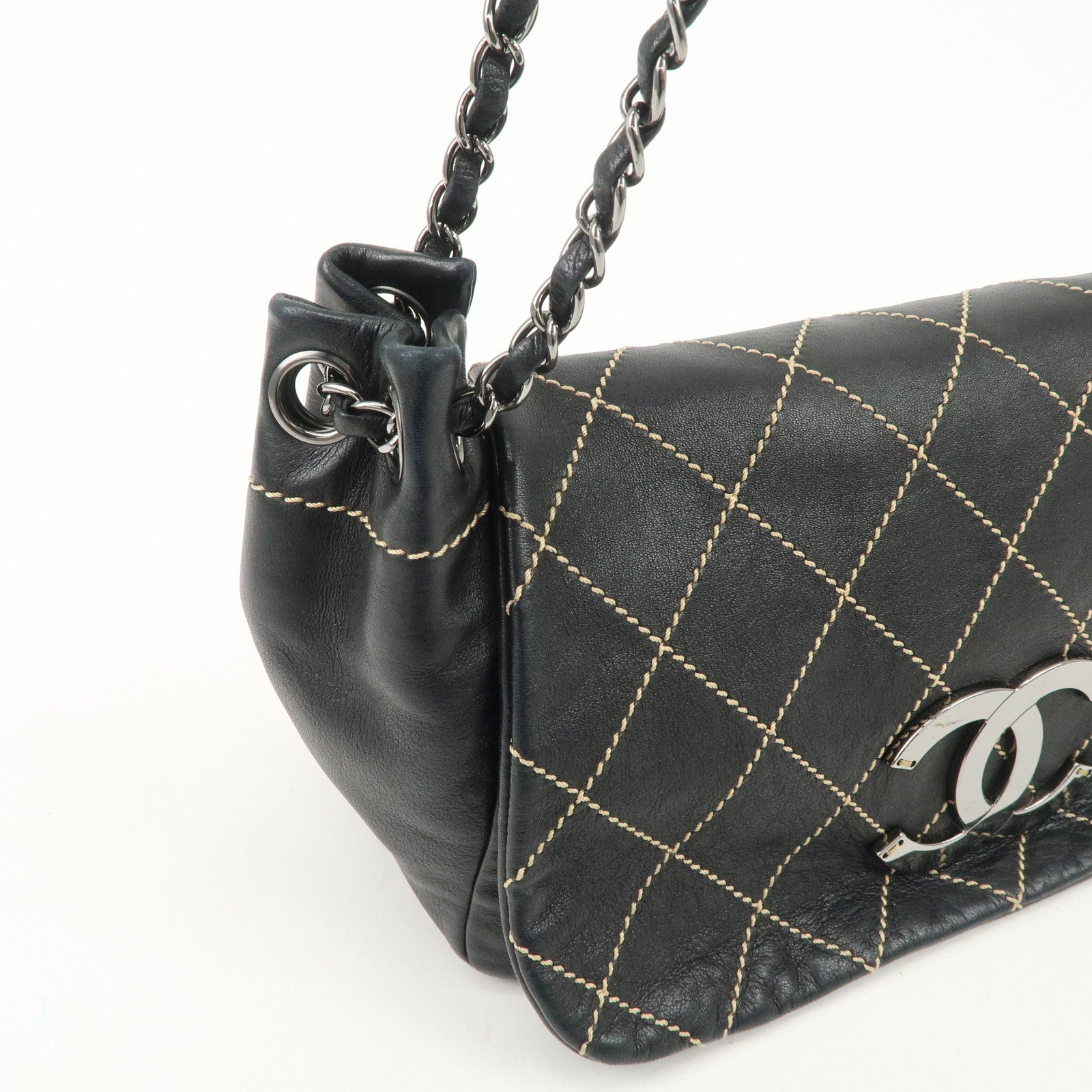 CHANEL COCO Mark Wild Stitch Lamb Skin Chain Shoulder Bag Black Used