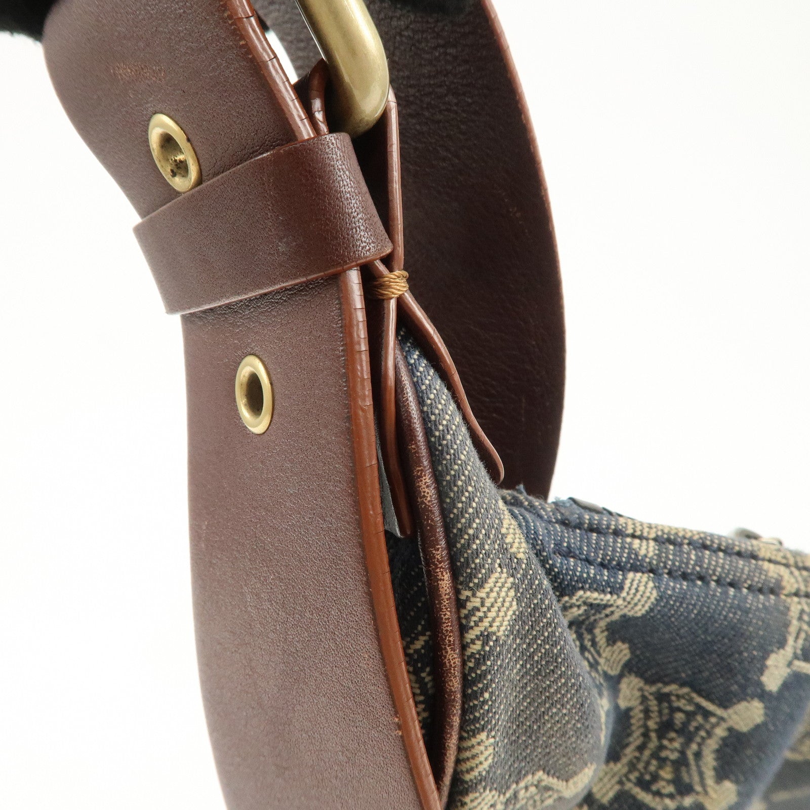 CELINE Macadam Canvas Leather Shoulder Bag Blue Brown Used