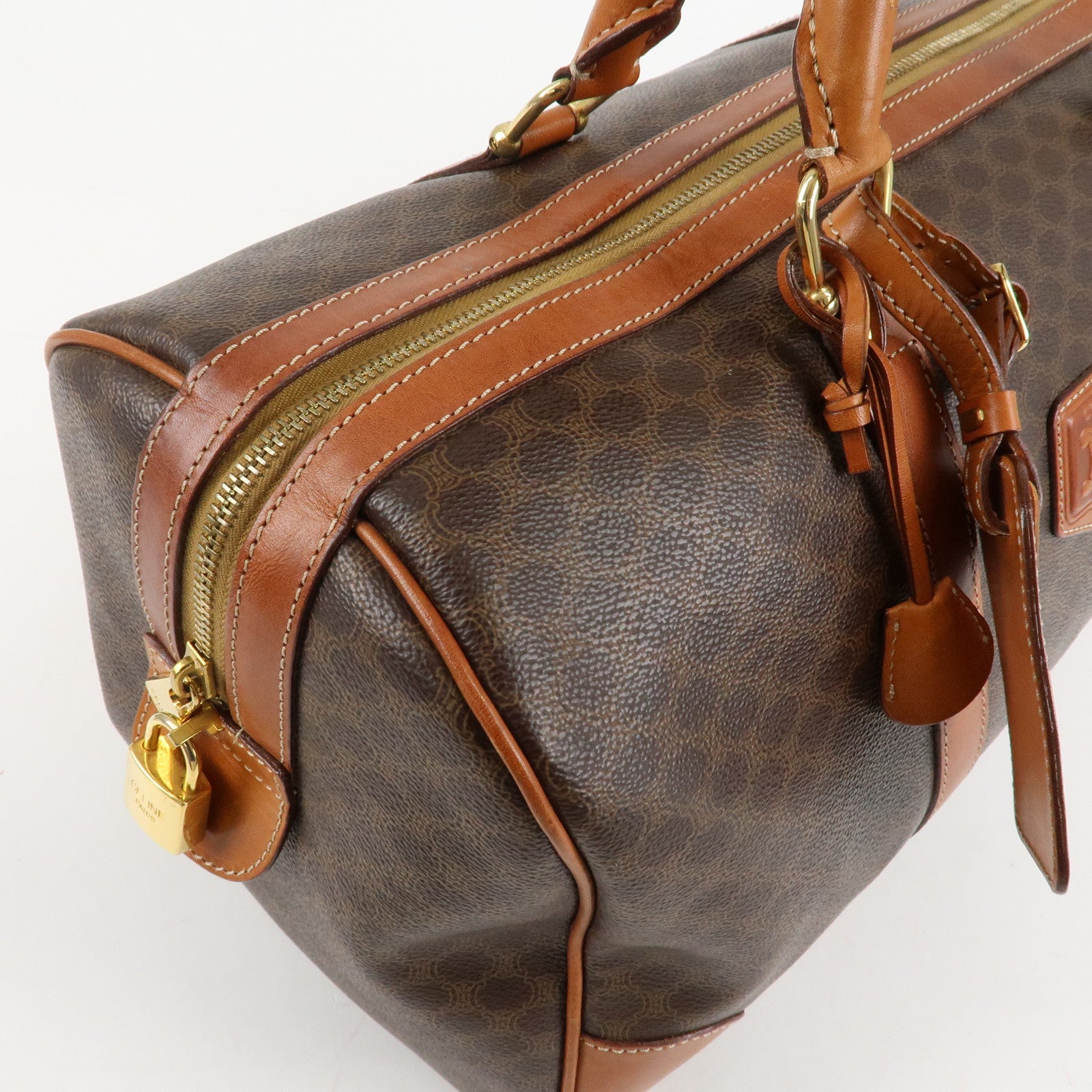 CELINE Macadam PVC Leather Boston Bag Hand Bag Brown Used