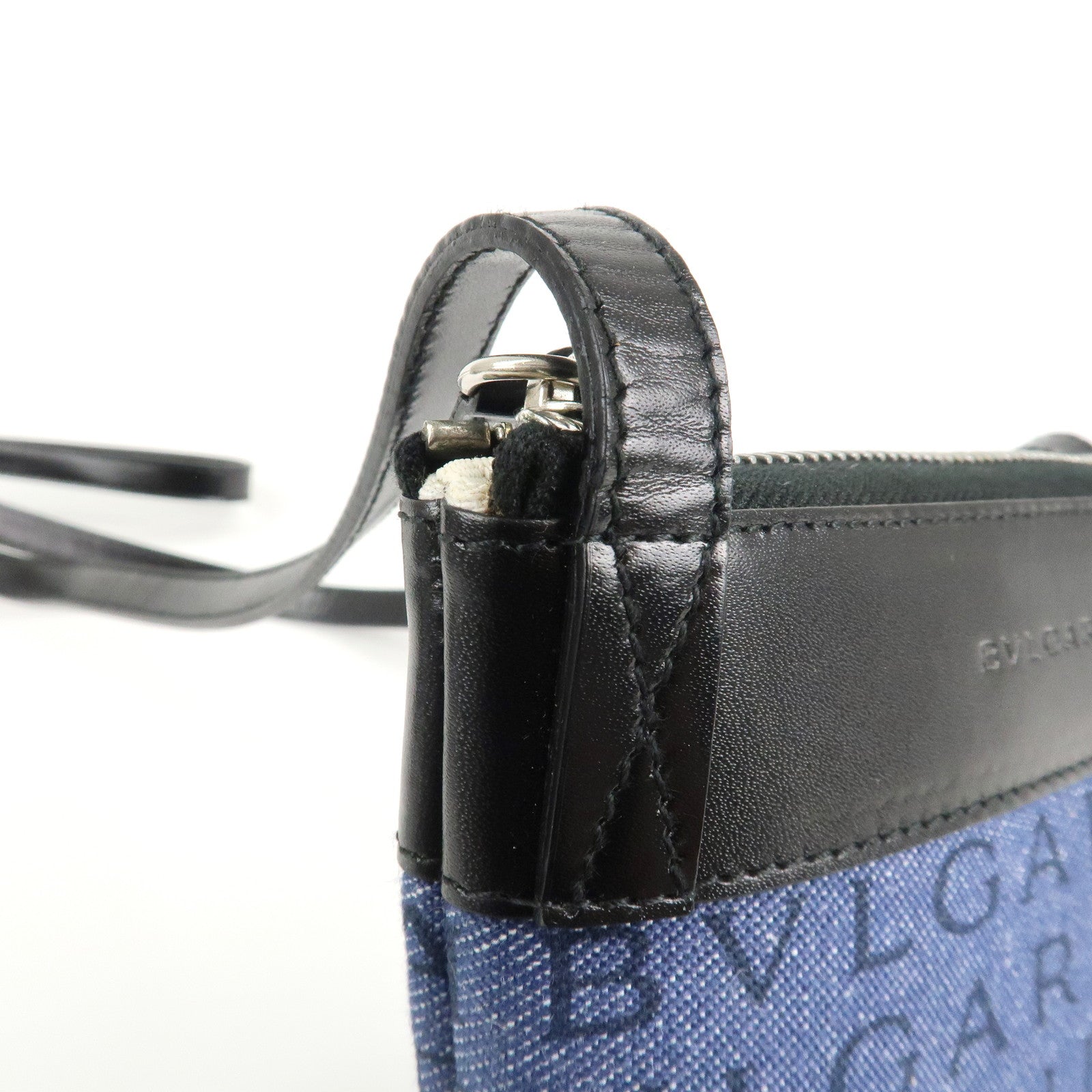 BVLGARI Logo Mania Canvas Leather Shoulder Bag Blue Used