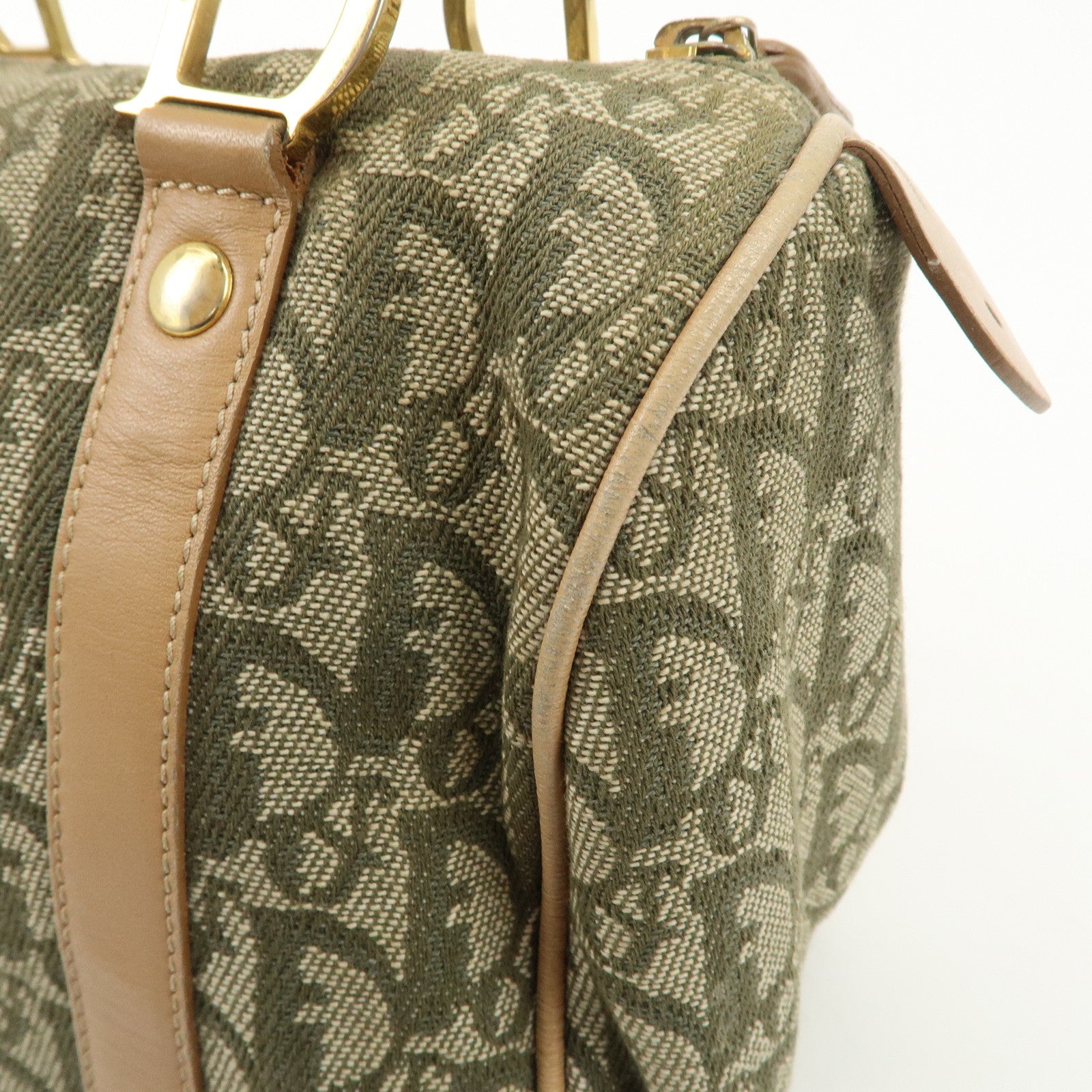 Christian Dior Trotter Canvas Leather Boston Bag White Khaki Used