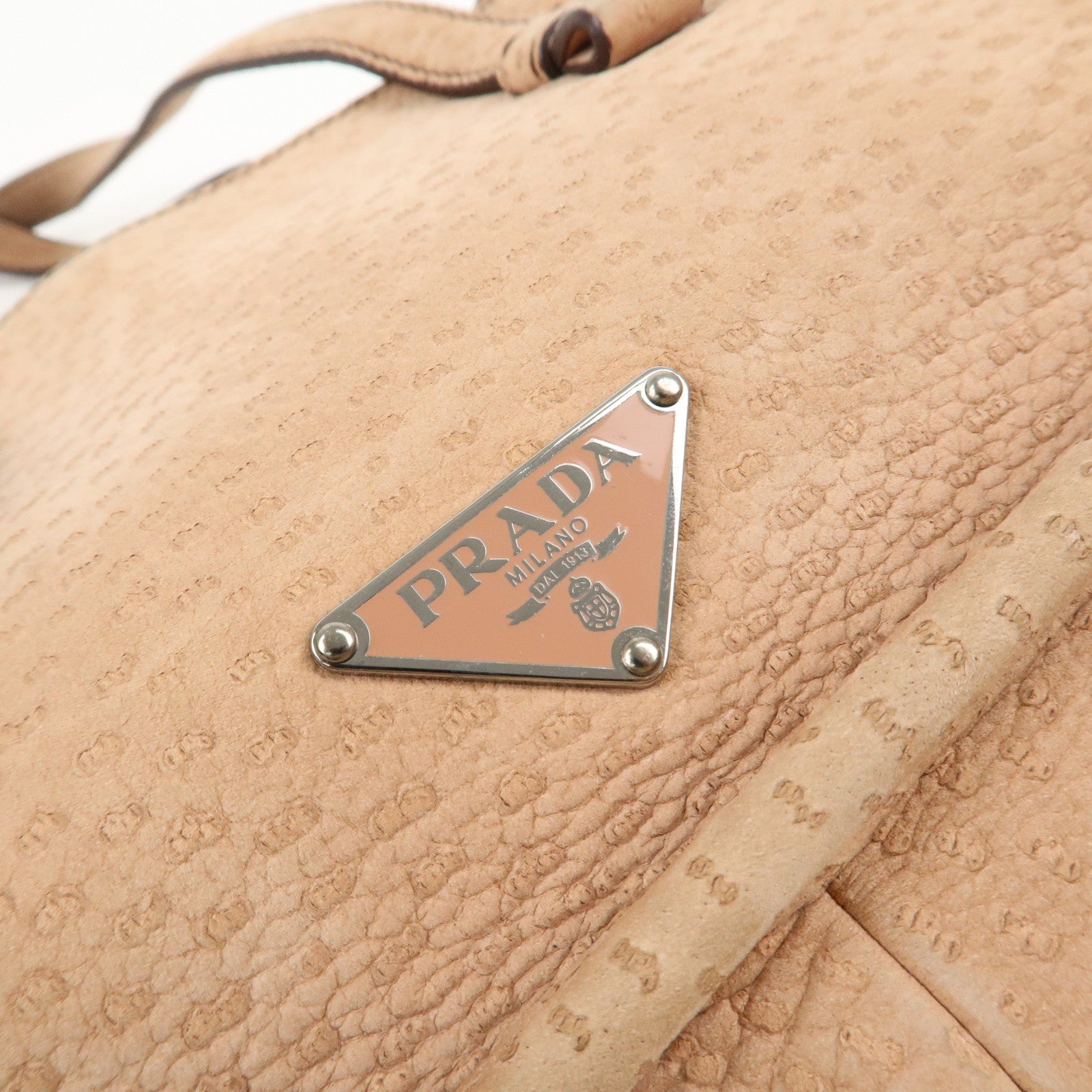 PRADA Logo Suede Clasp Tote Bag Hand Bag Beige BR1935 F/S Used