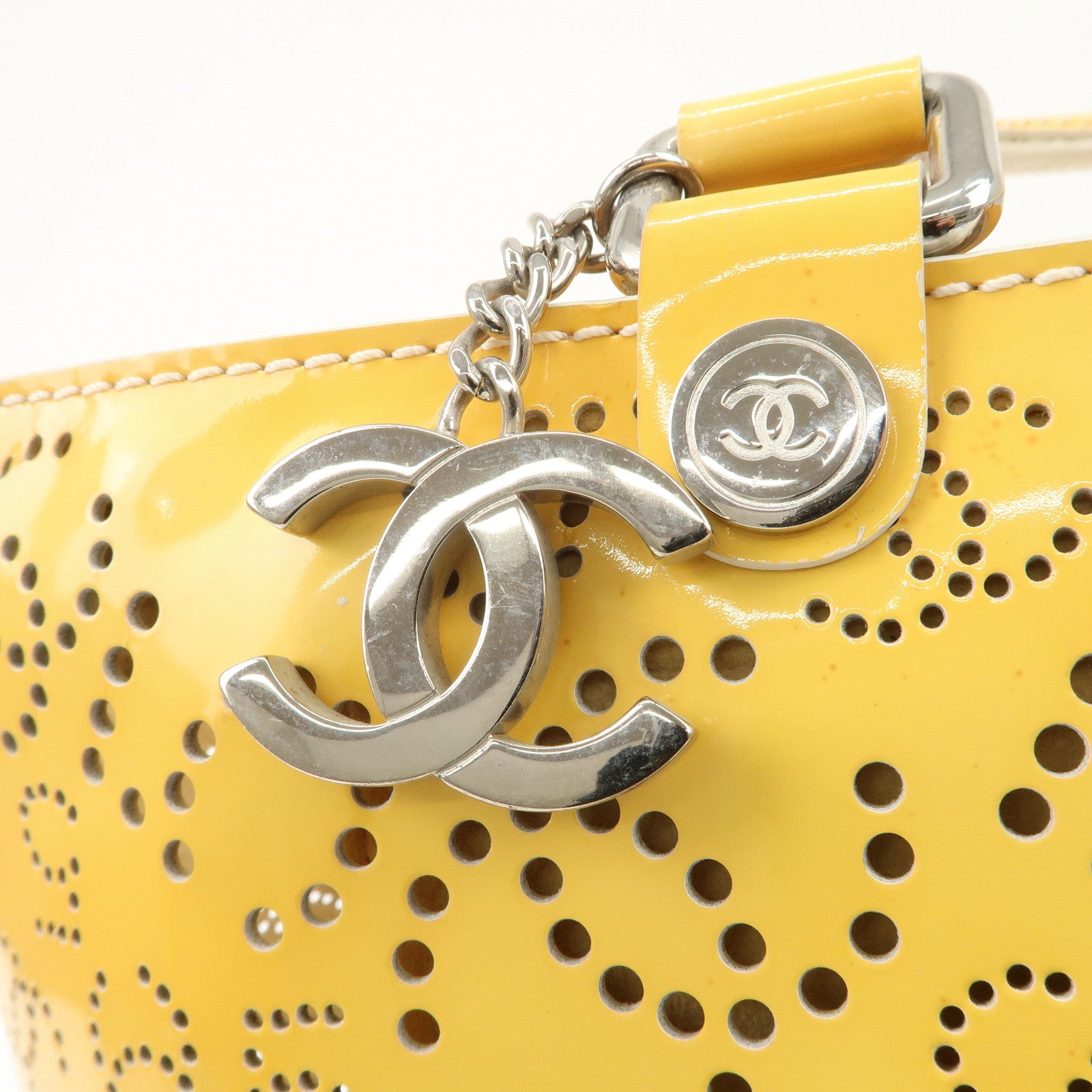 CHANEL COCO Mark No.5 Patent Leather Punching Hand Bag Yellow Used