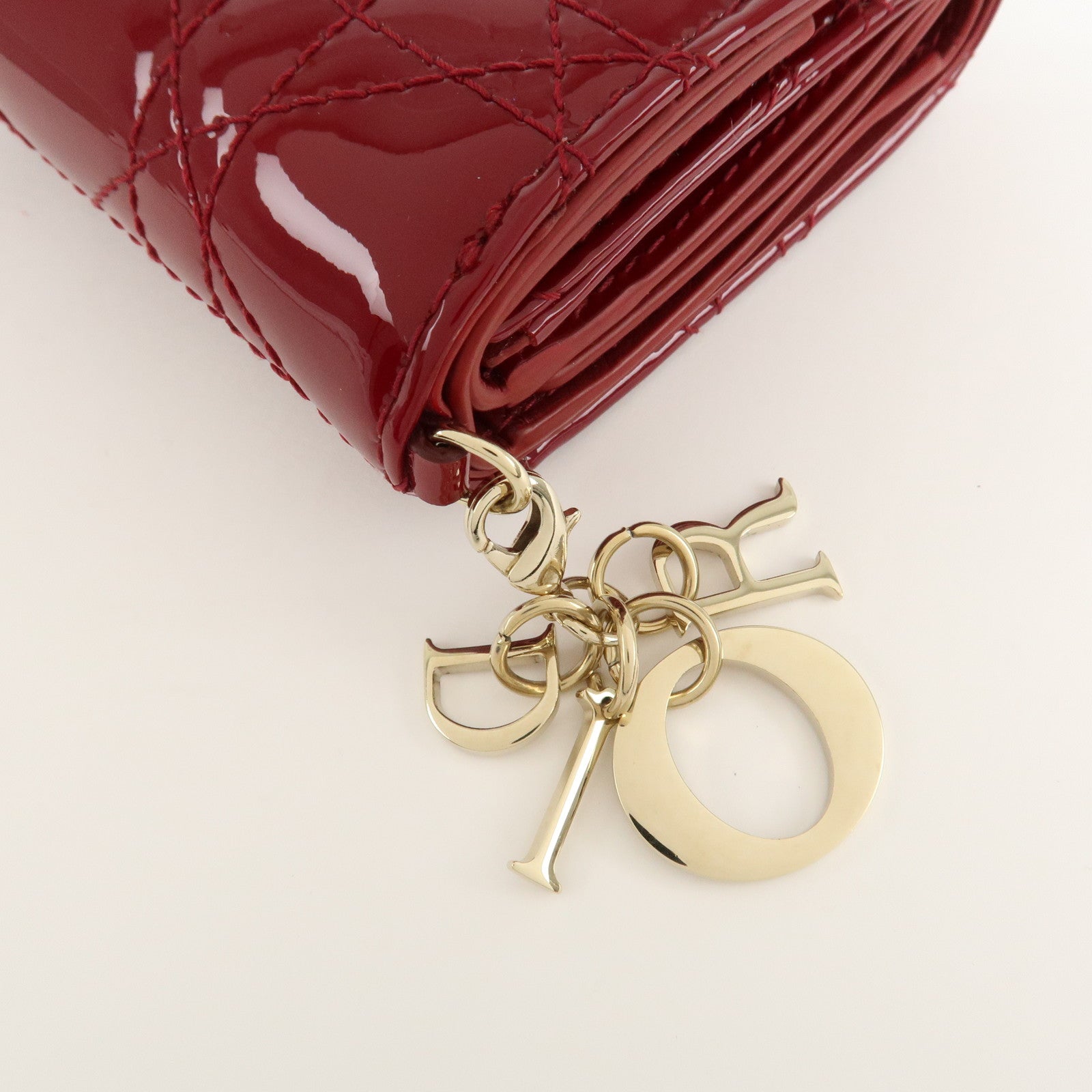 Christian Dior Cannage Lady Dior Leather Lotus Tri fold Wallet Red Used