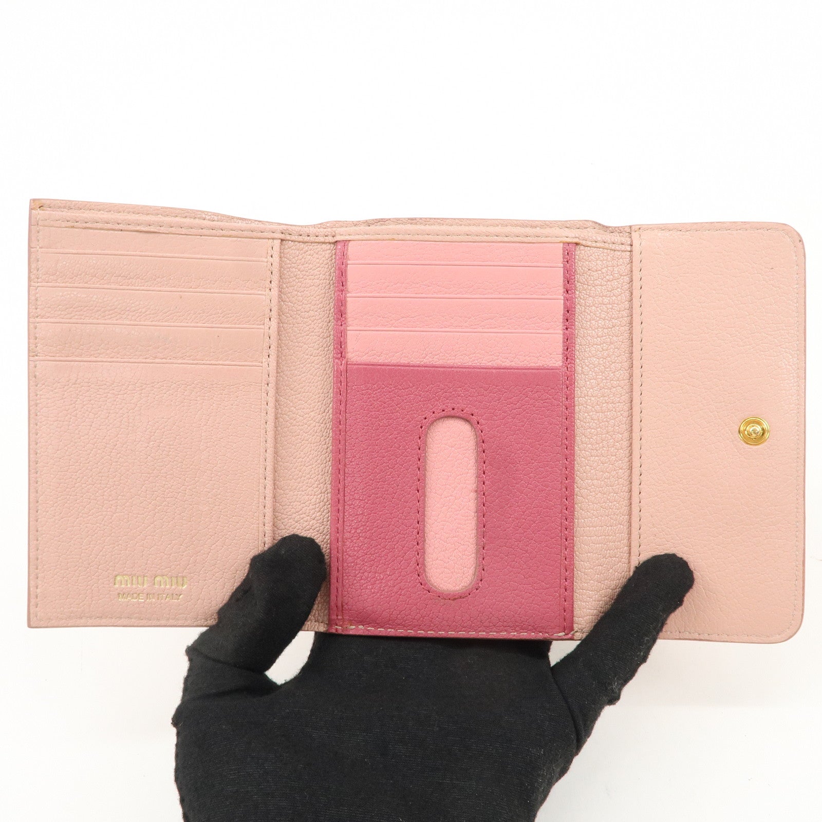 MIU MIU Leather Double Hook Bi-fold Wallet Pink Gold Hardware Used