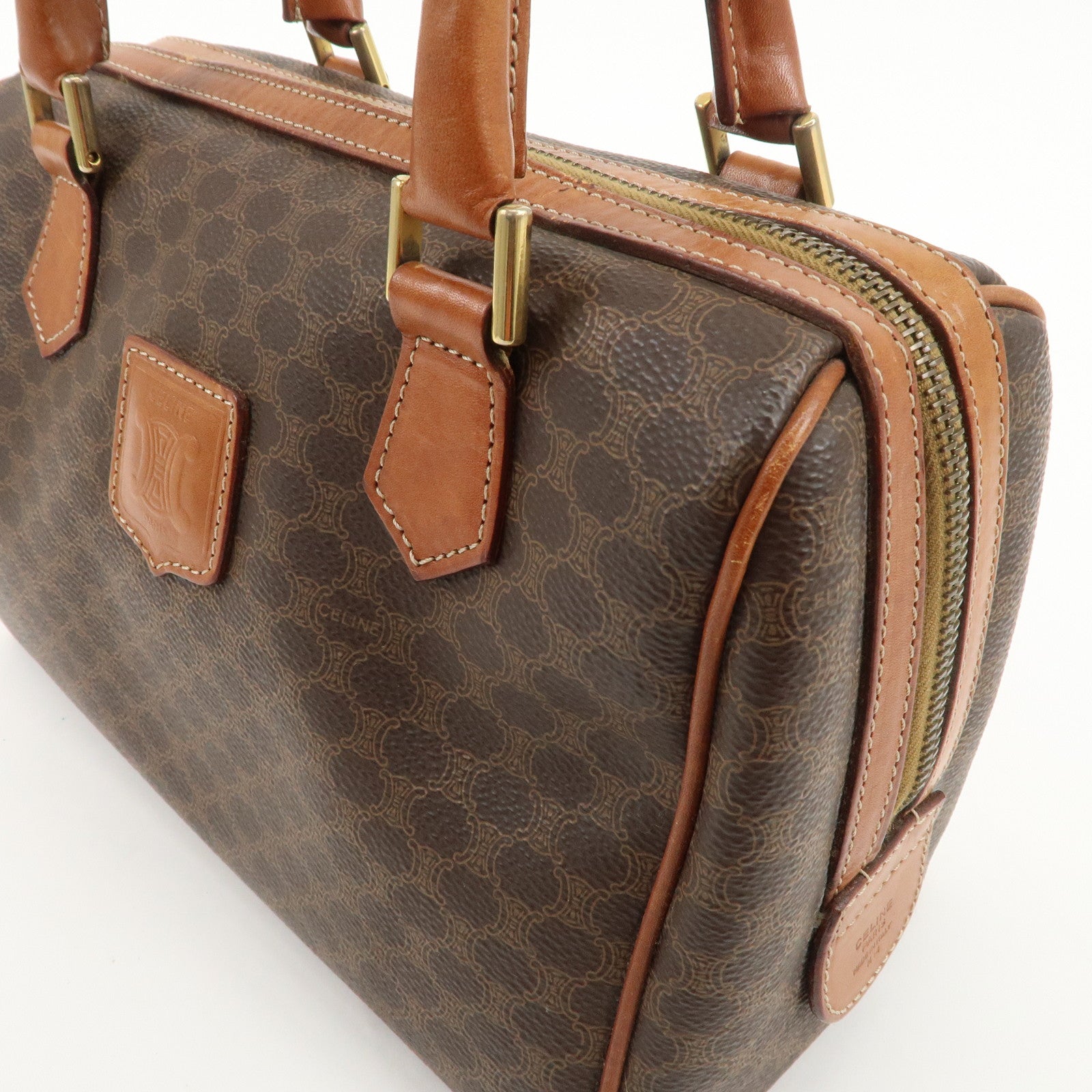 CELINE Macadam PVC Leather Boston Bag Hand Bag Brown Used