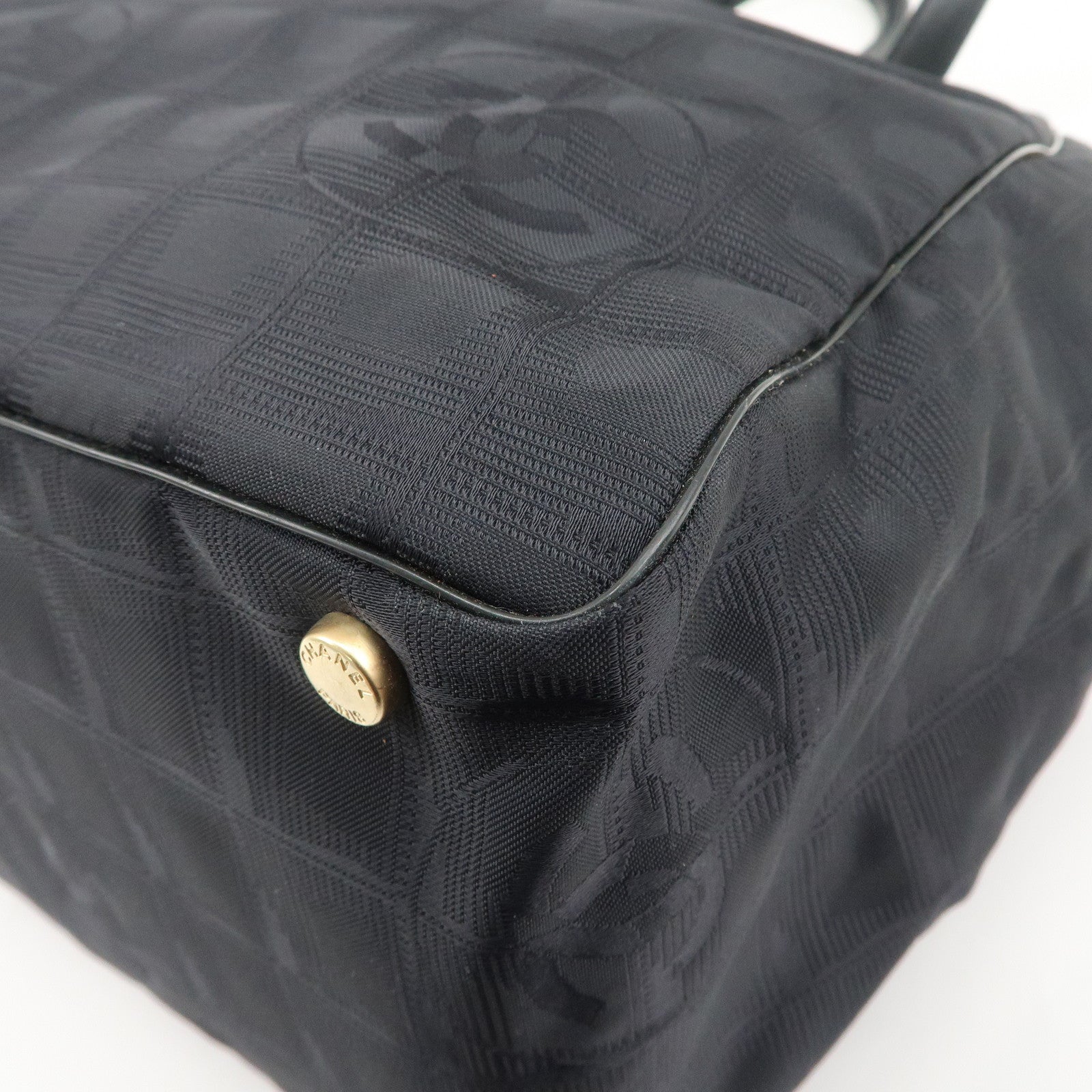 CHANEL Travel Line Nylon Jacquard Leather Tote Bag MM Black A15991 Used