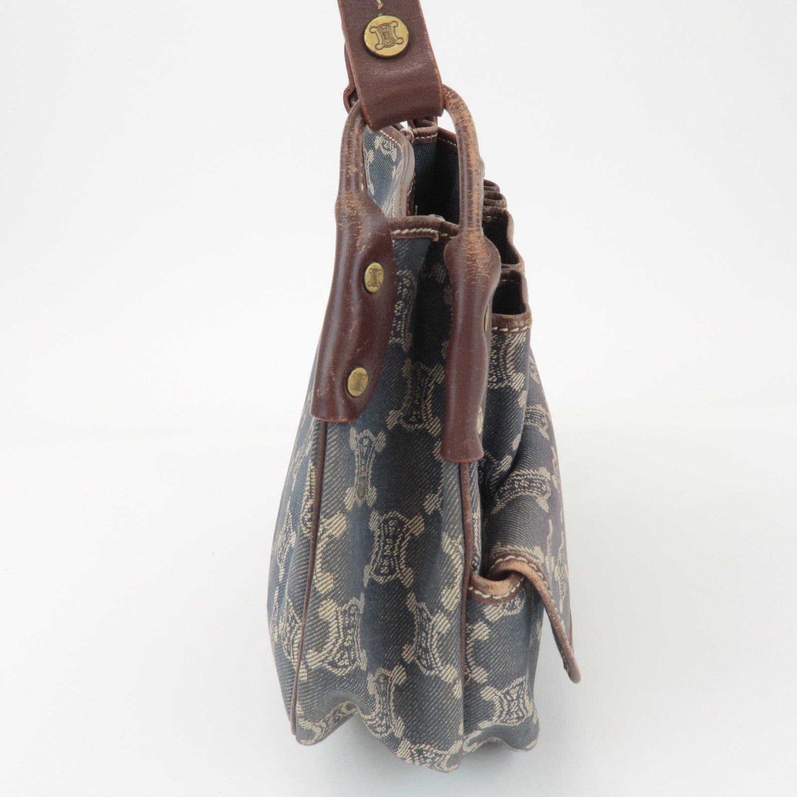 CELINE Macadam Denim Leather Shoulder Bag Blue Brown Used