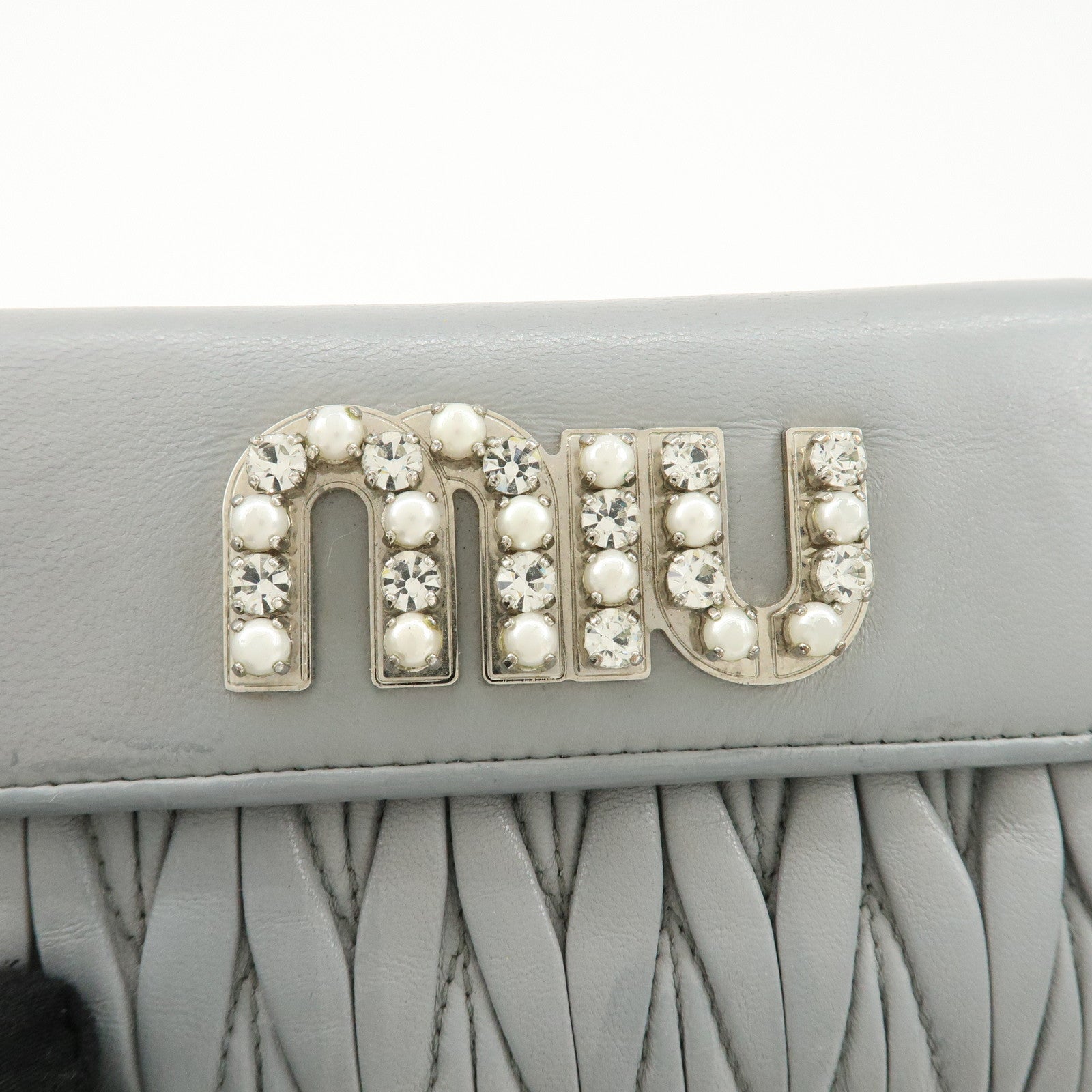 MIU MIU Matelasse Leather Bijoux Studs Tri-fold Wallet Gray Used