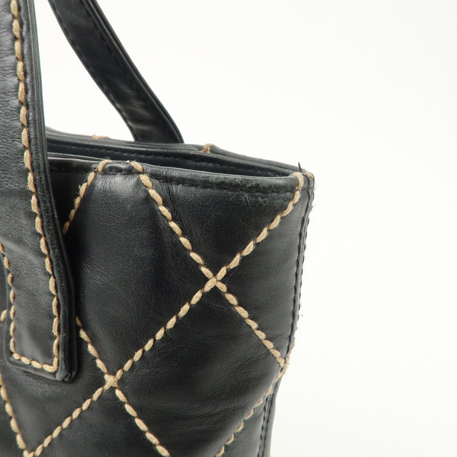 CHANEL Wild Stitch Lamb Skin Tote Bag Hand Bag Black A18126 Used