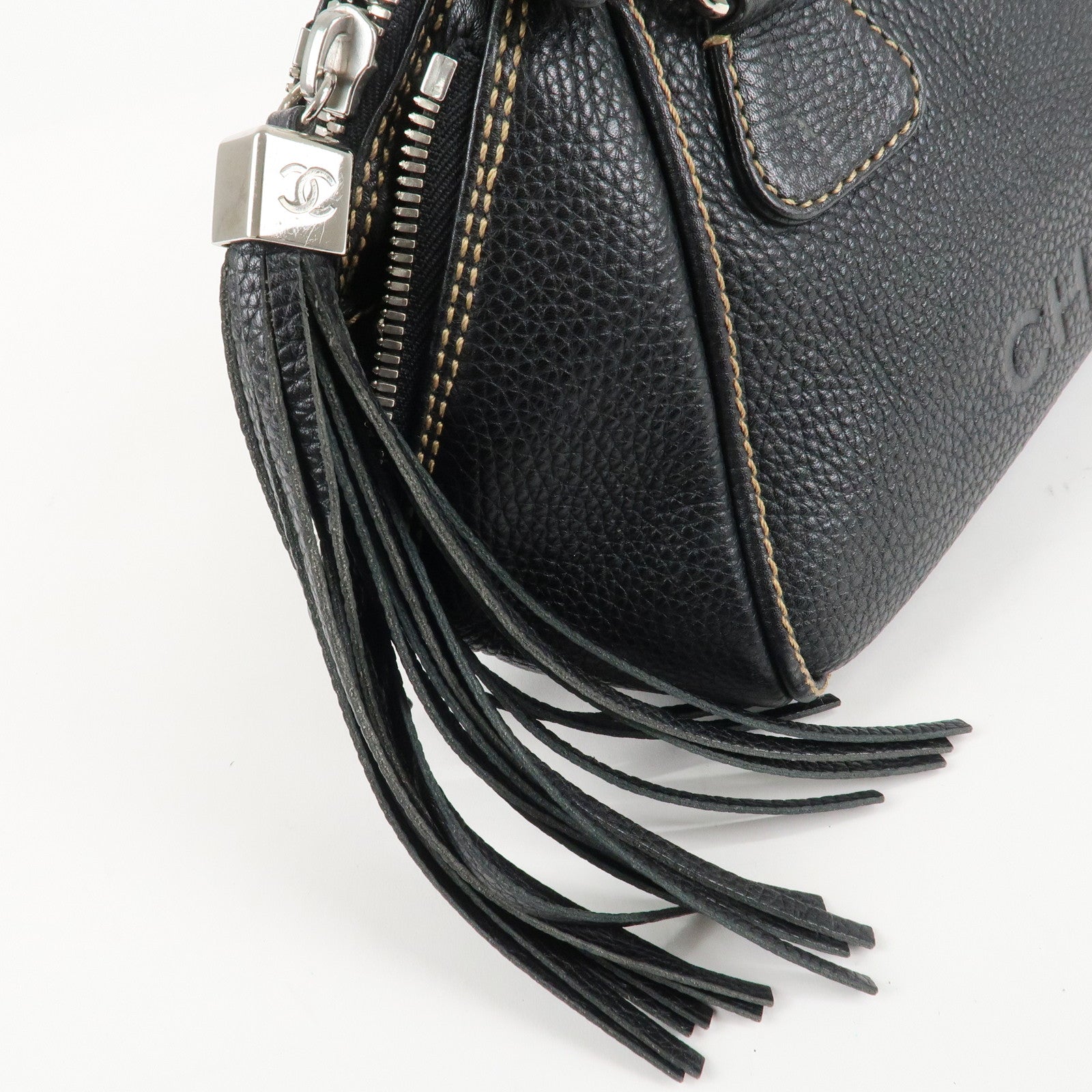 CHANEL COCO Mark Leather Fringe Shoulder Bag Hand Bag Black Used