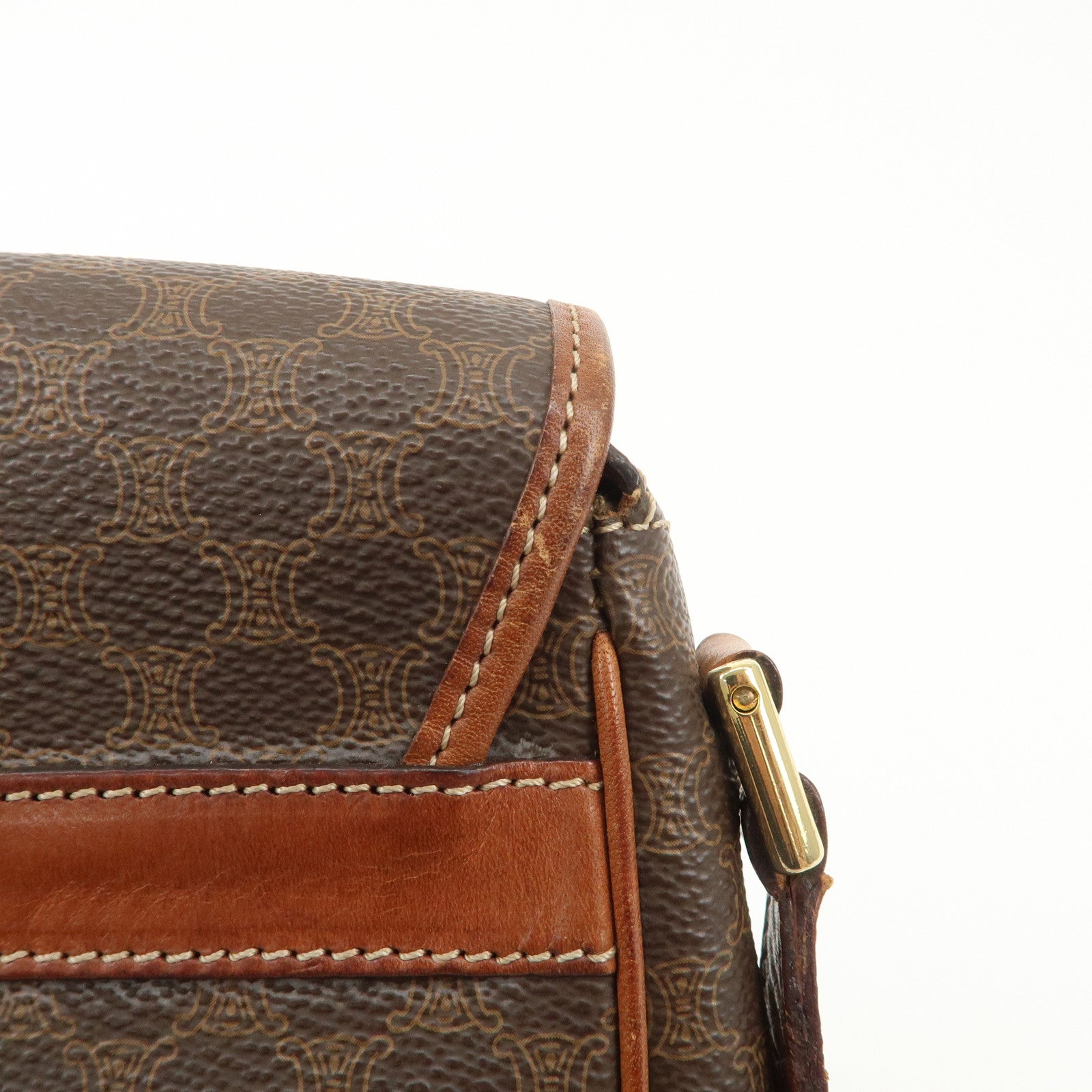CELINE Macadam PVC Leather Shoulder Bag Brown Gold Hardware Used