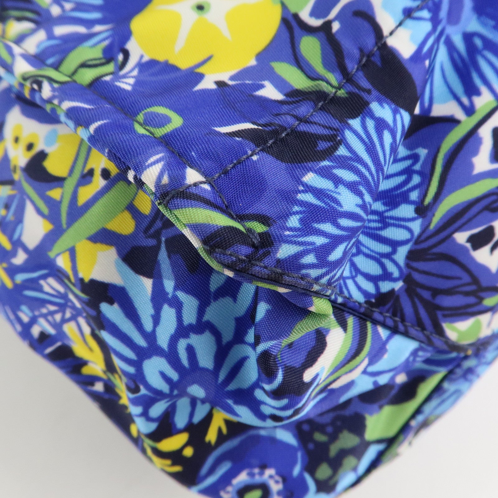 PRADA Logo Nylon Leather Tote Bag Floral Print Blue BN2851 Used