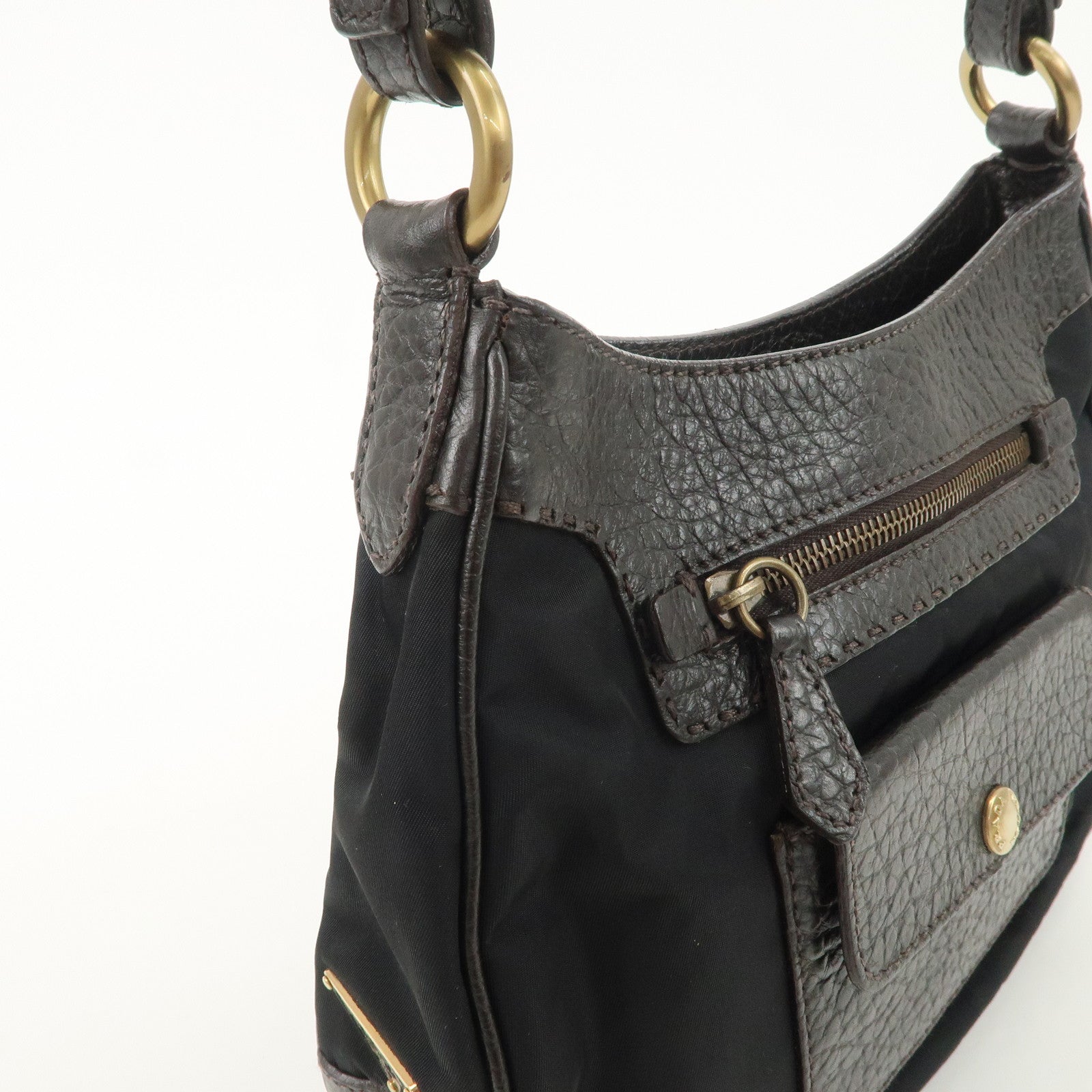 PRADA Nylon Leather Shoulder Bag Black Dark Brown BR1973 Used