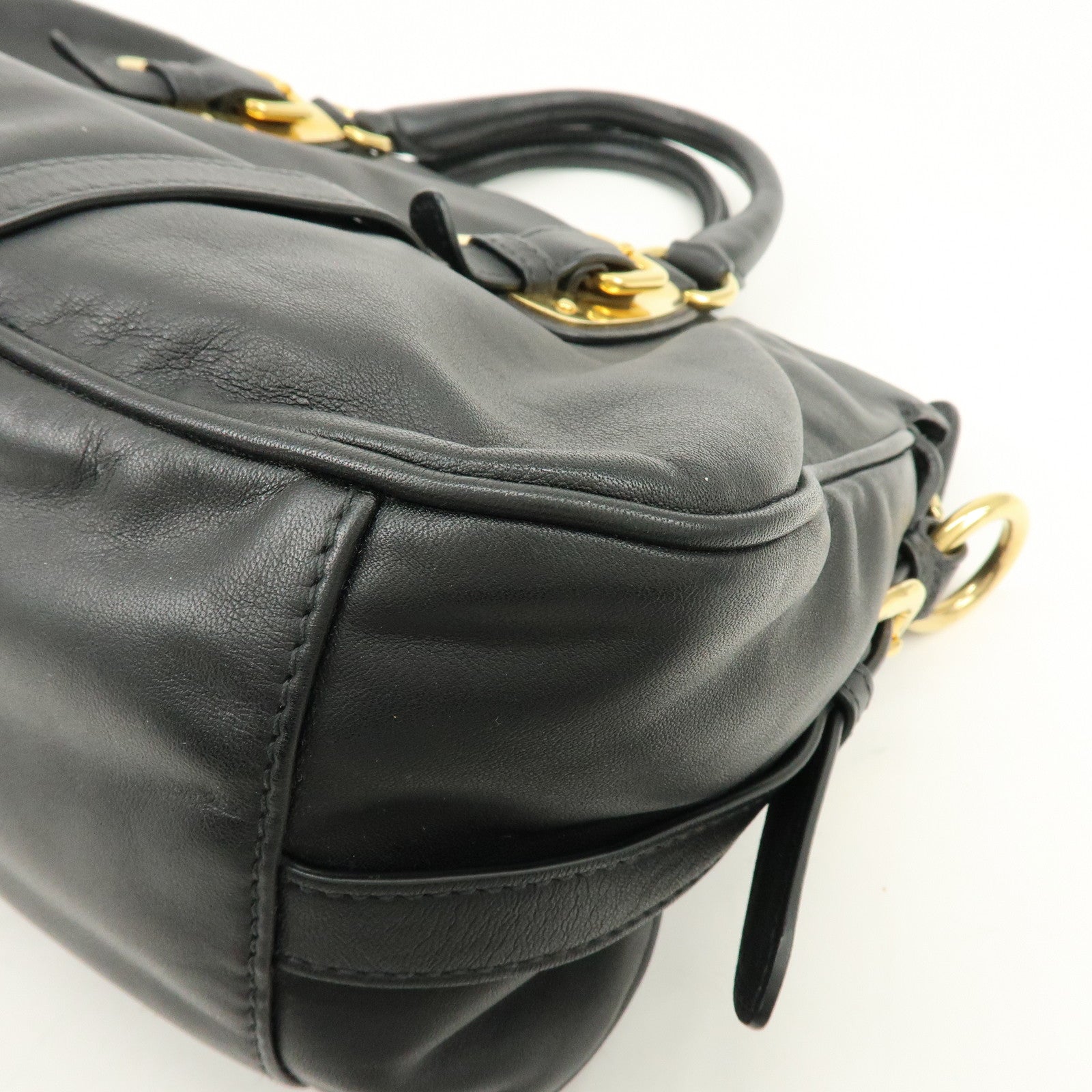 PRADA Logo Leather 2Way Bag Hand Bag Shoulder Bag Black Gold BN1903
