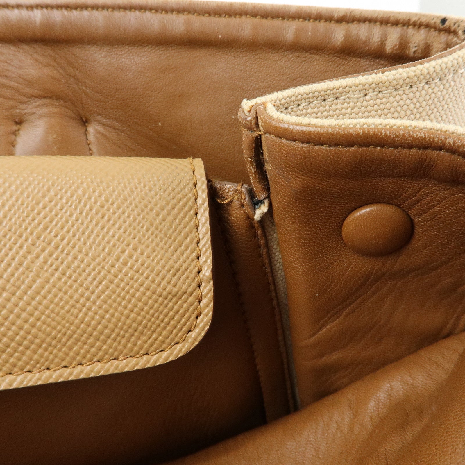 PRADA Triangle Logo Canvas Leather Tote Bag Beige Brown B2756T