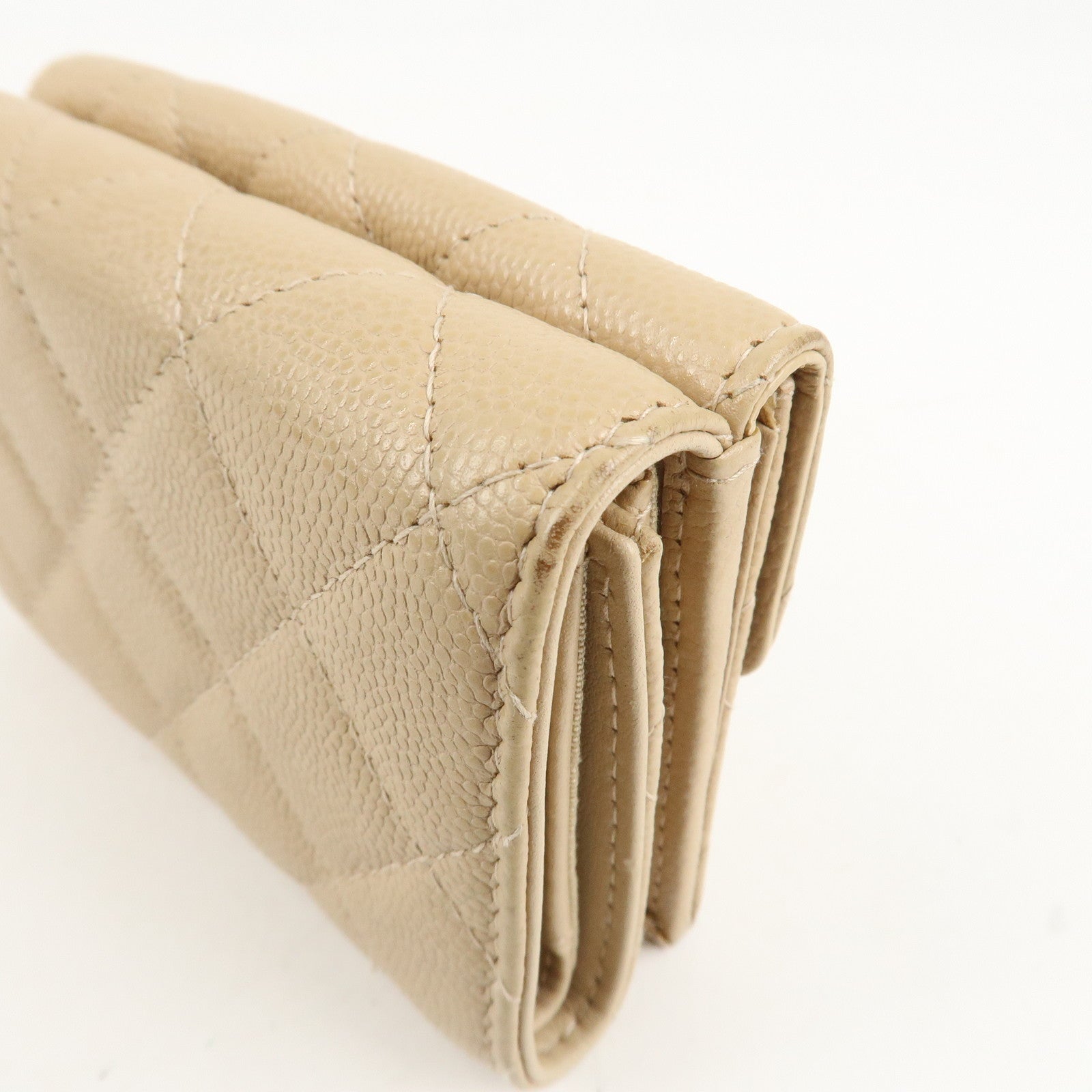 CHANEL Matelasse Cavier Skin Compact Wallet Beige Silver HDW Used