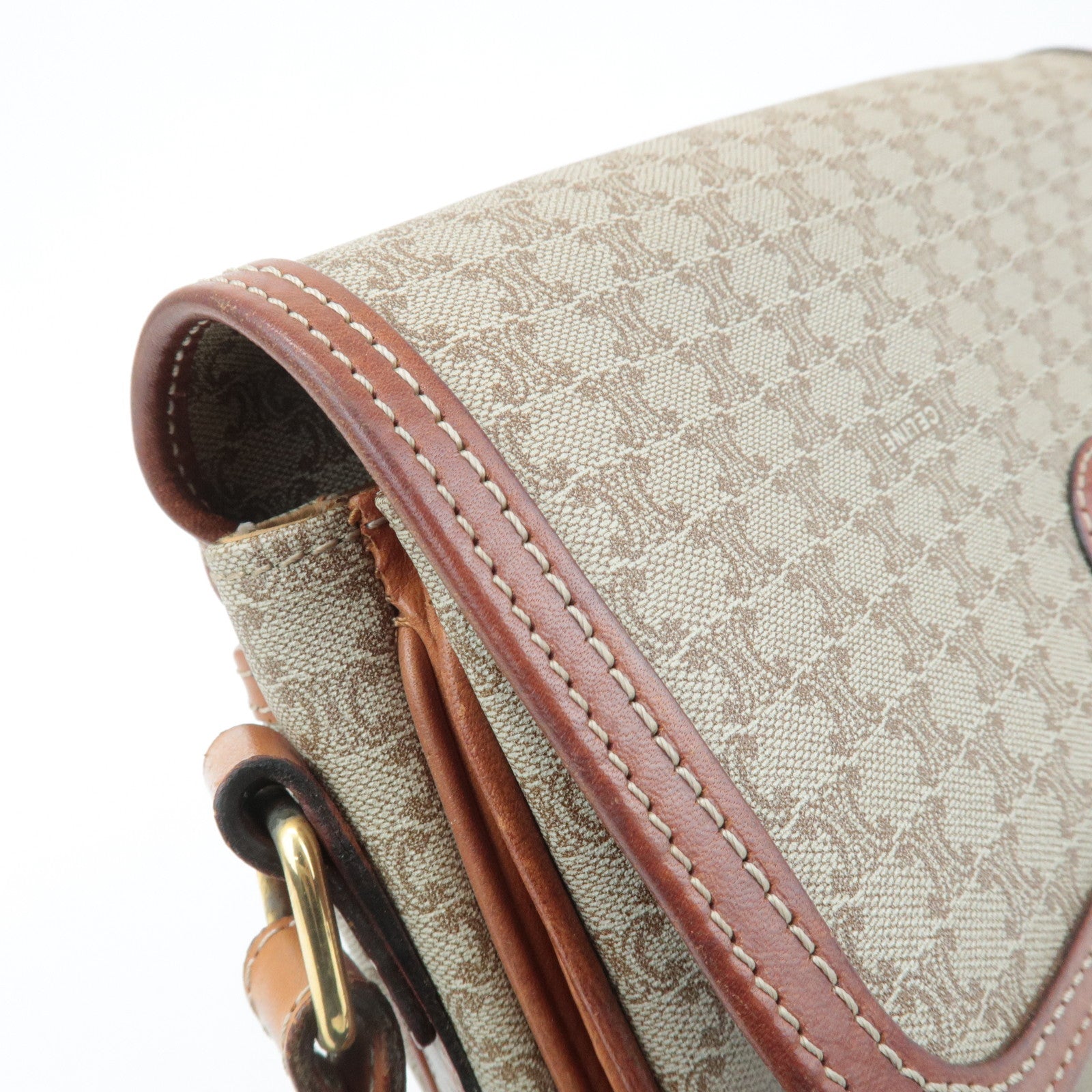 CELINE Macadam PVC Leather Shoulder Bag Beige Brown Used