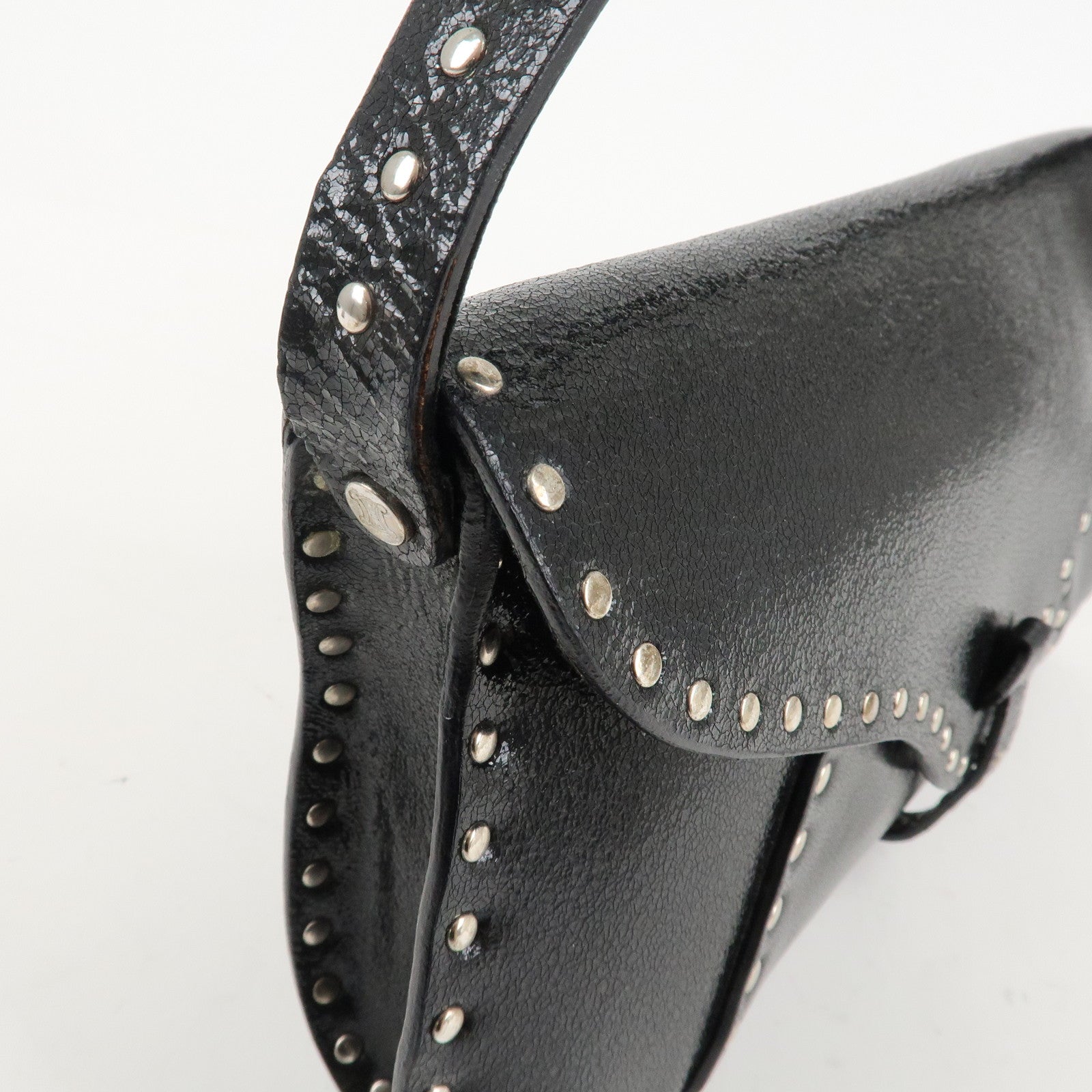 CELINE Leather Studs Shoulder Bag Hand Bag Black Silver HDW Used