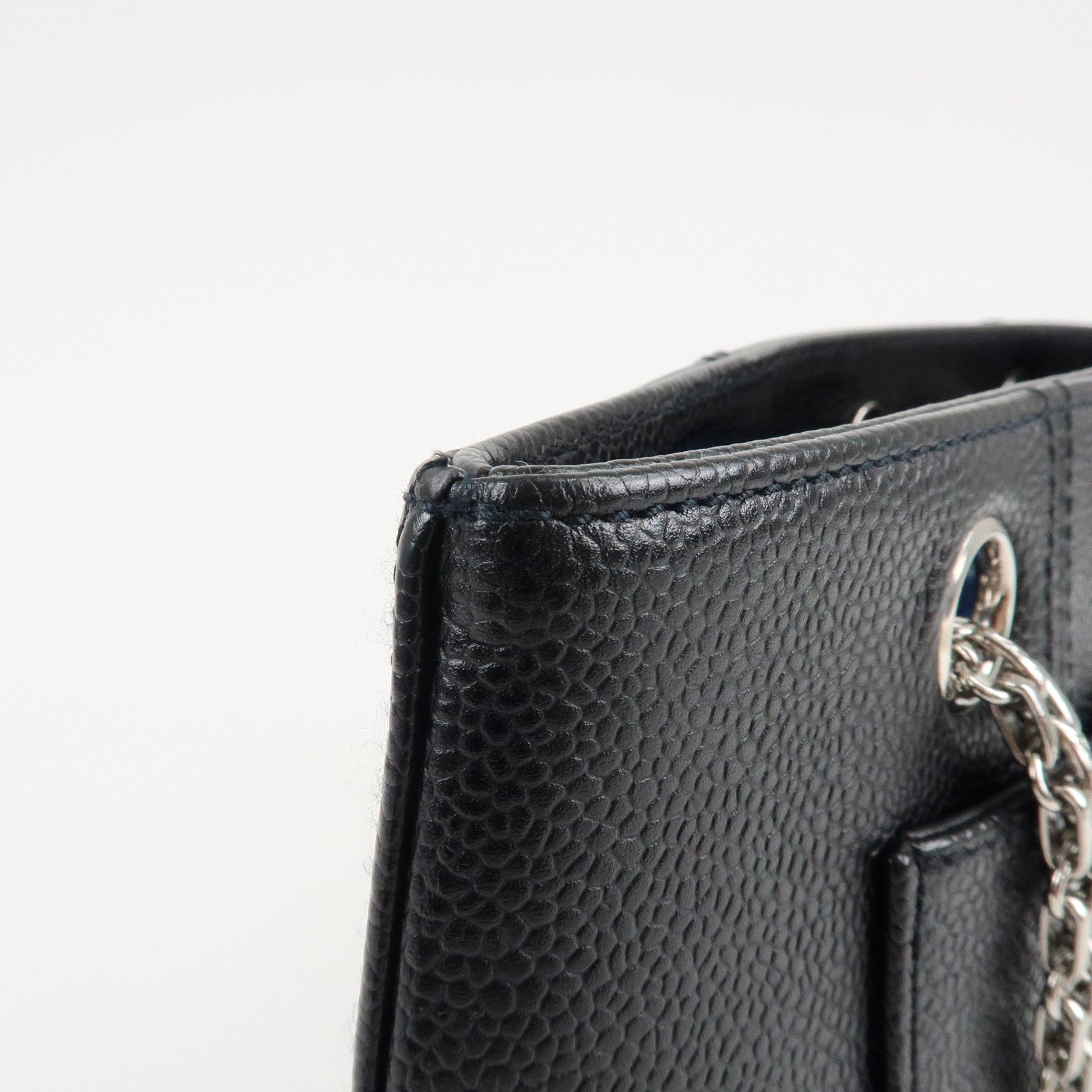 CHANEL Caviar Skin Chain Tote Bag Black Silver Hardware Used