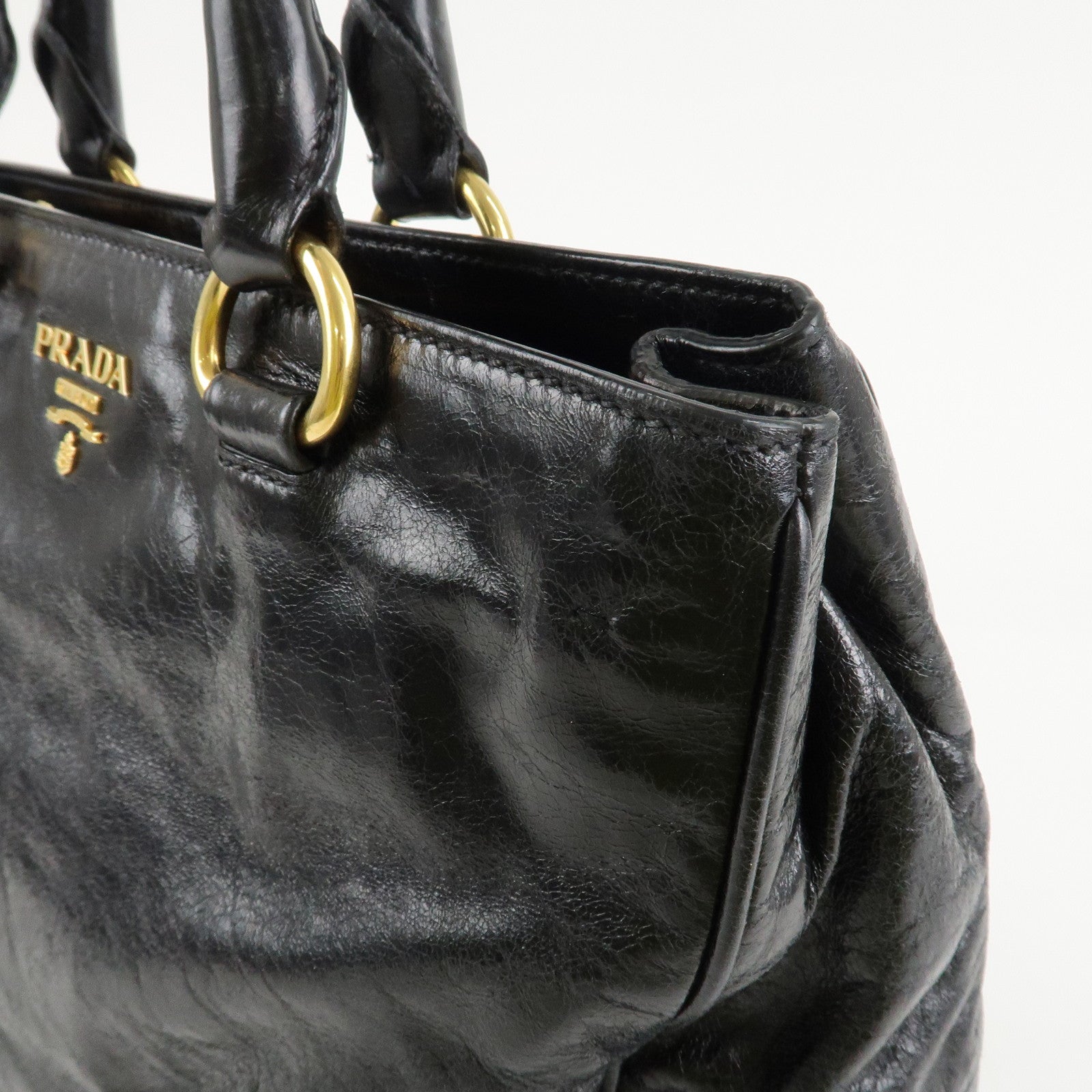 PRADA Leather 2way Bag Hand Bag Shoulder Bag Black Gold HDW Used