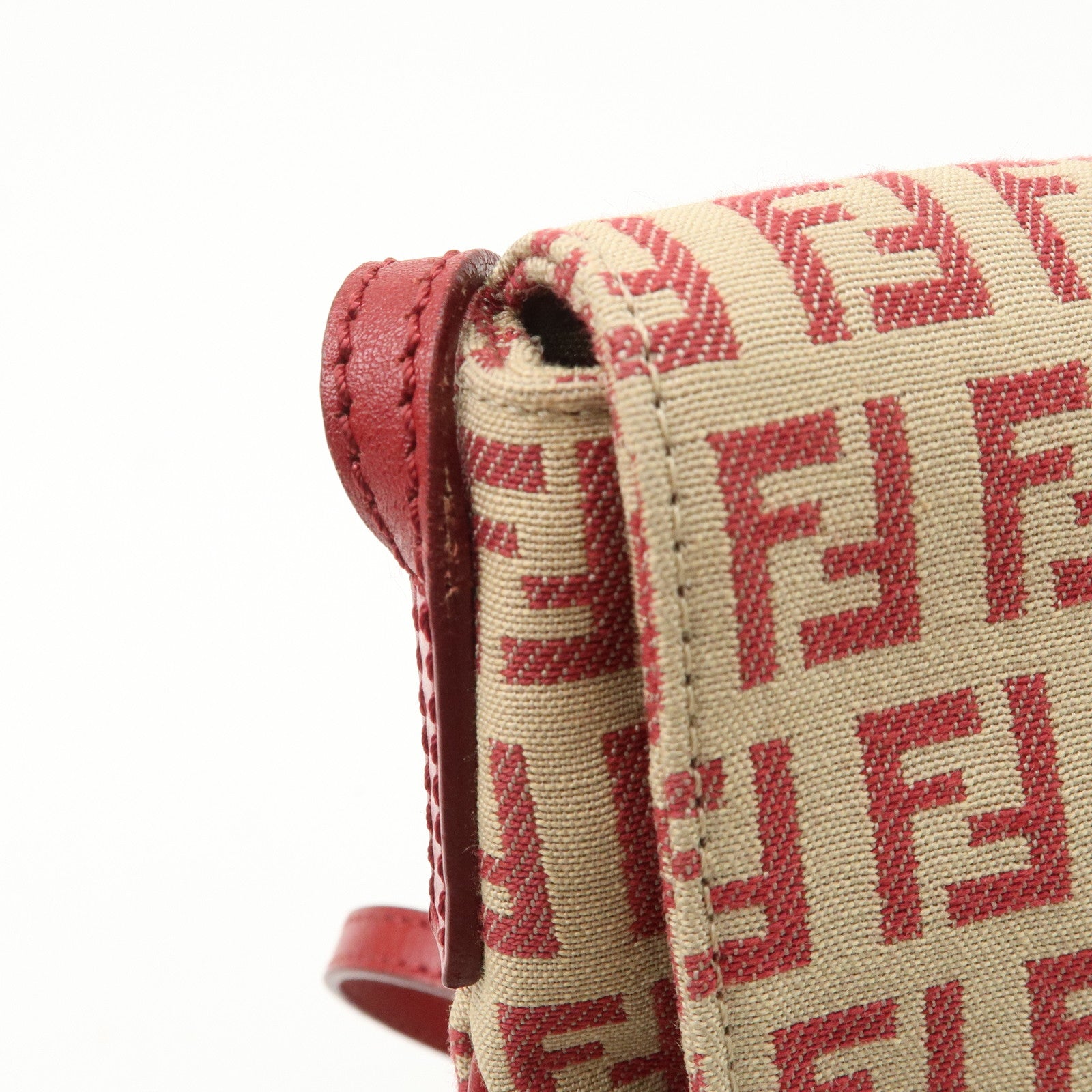 FENDI Zucchino Canvas Leather Shoulder Bag Beige Red 8BT075 Used