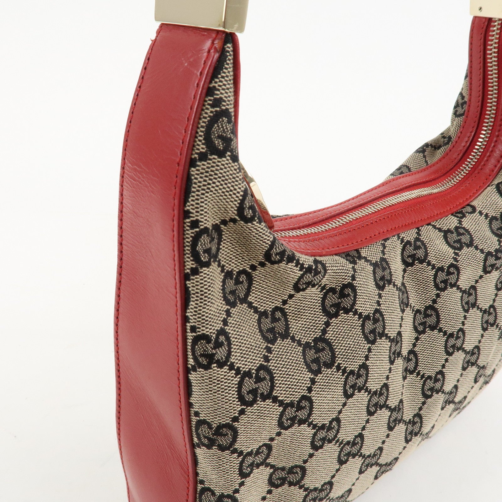 GUCCI GG Canvas Leather One-Shoulder Bag Beige Navy Red 001.3812 Used