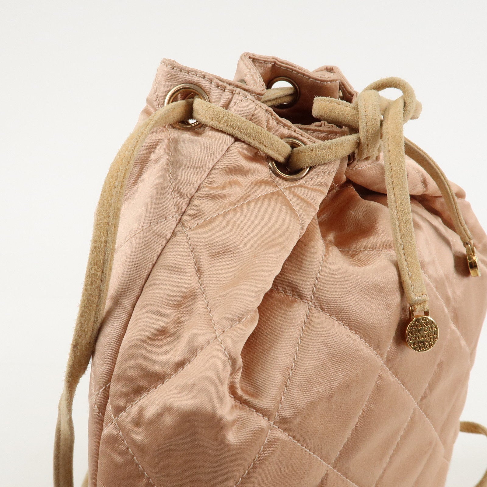 CHANEL Matelasse Satin Suede Back Pack Ruck Sack Pink Beige Used