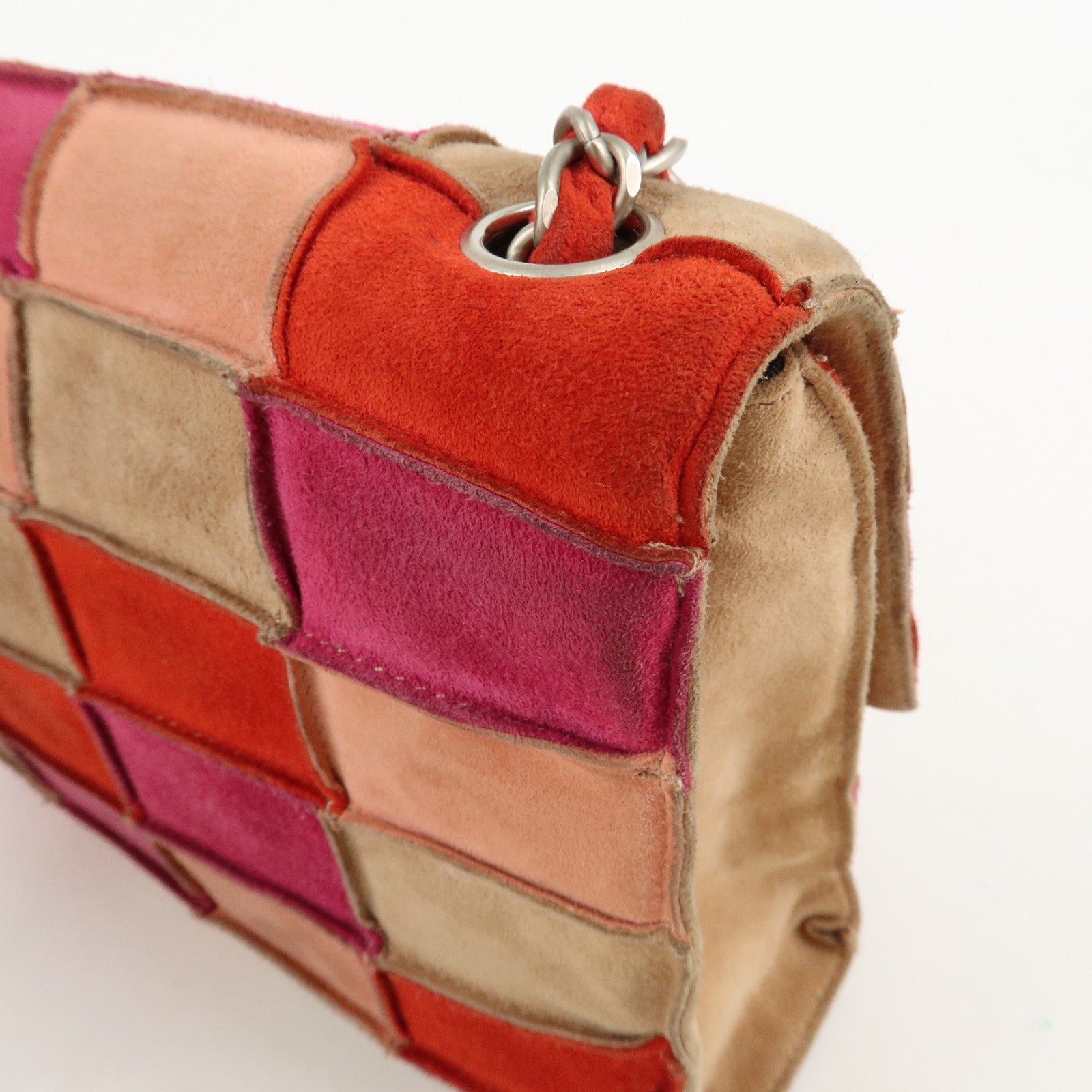 CHANEL Suede Patchwork Shoulder Bag Pink Beige Red Used