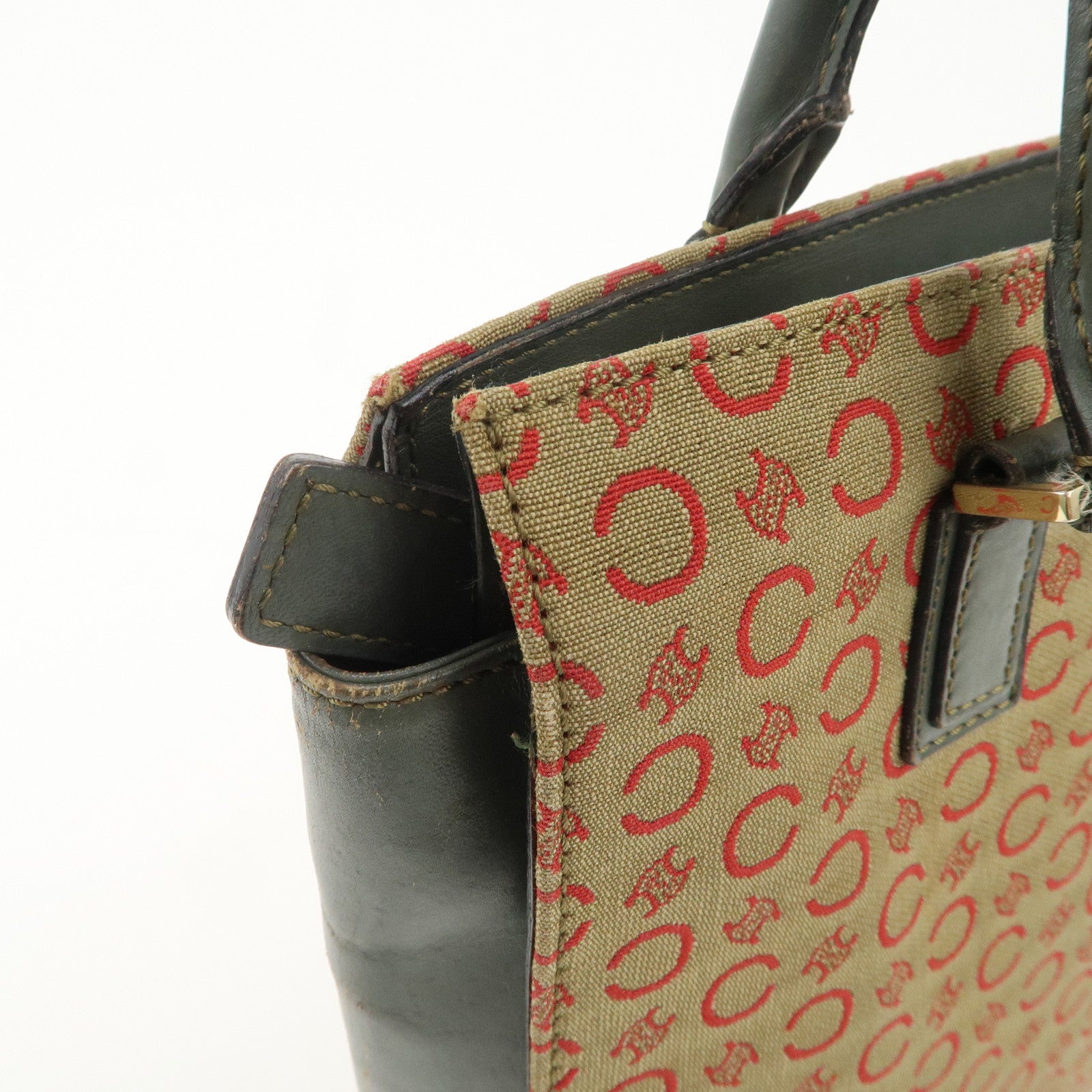 CELINE Macadam Canvas Hand Bag Brown Red Khaki Used