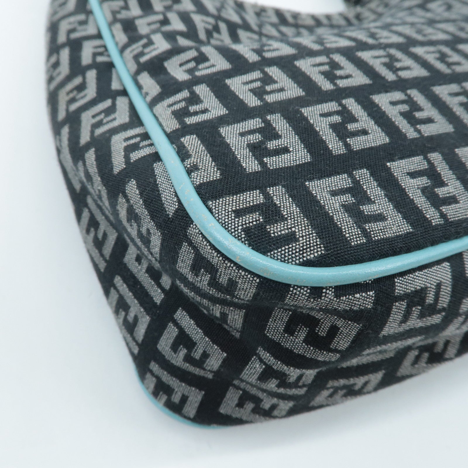 FENDI Zucchino Canvas Leather Shoulder Bag Black White Blue 8BR158 Used