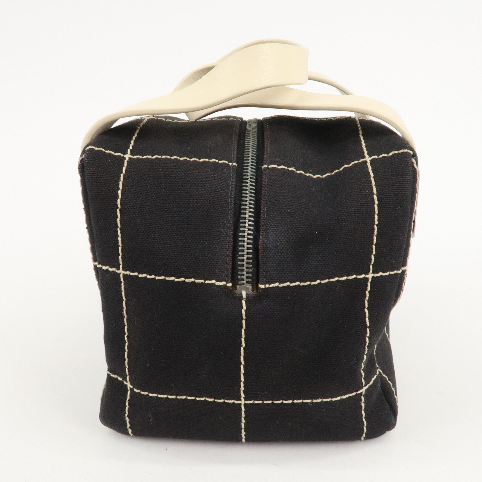 CHANEL Chocolate Bar Stitch Canvas Leather Mini Boston Bag Black Used